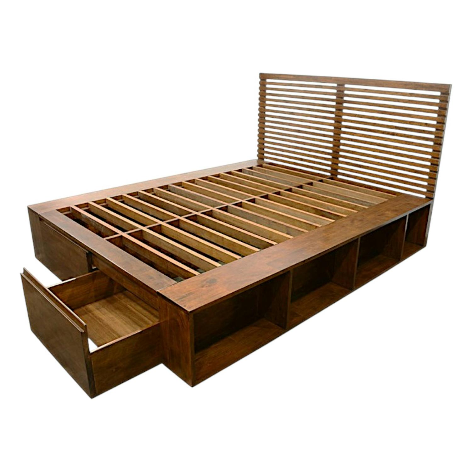 Lit 2 places Hévéa avec 2 tiroirs et 8 niches pour couchage 140x190 142x196x109cm NEW ORLEANS