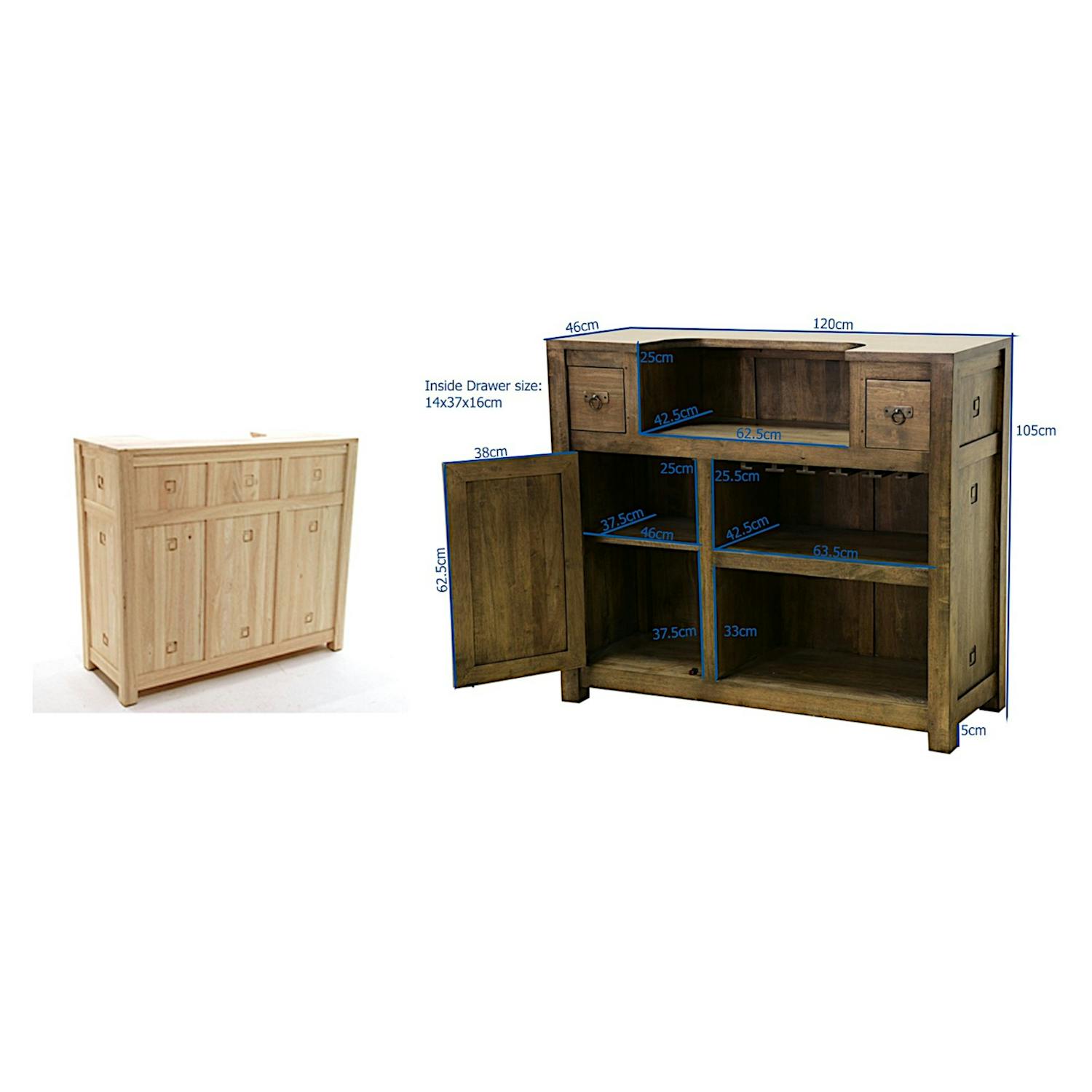 Meuble bar hévéa 120x46x105cm TESSA
