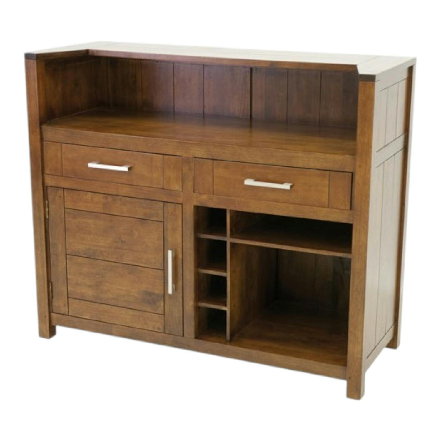 Meuble de Bar Hévéa 1 porte, 2 tiroirs, 4 racks, 2 niches 124x50x105cm ATTAN