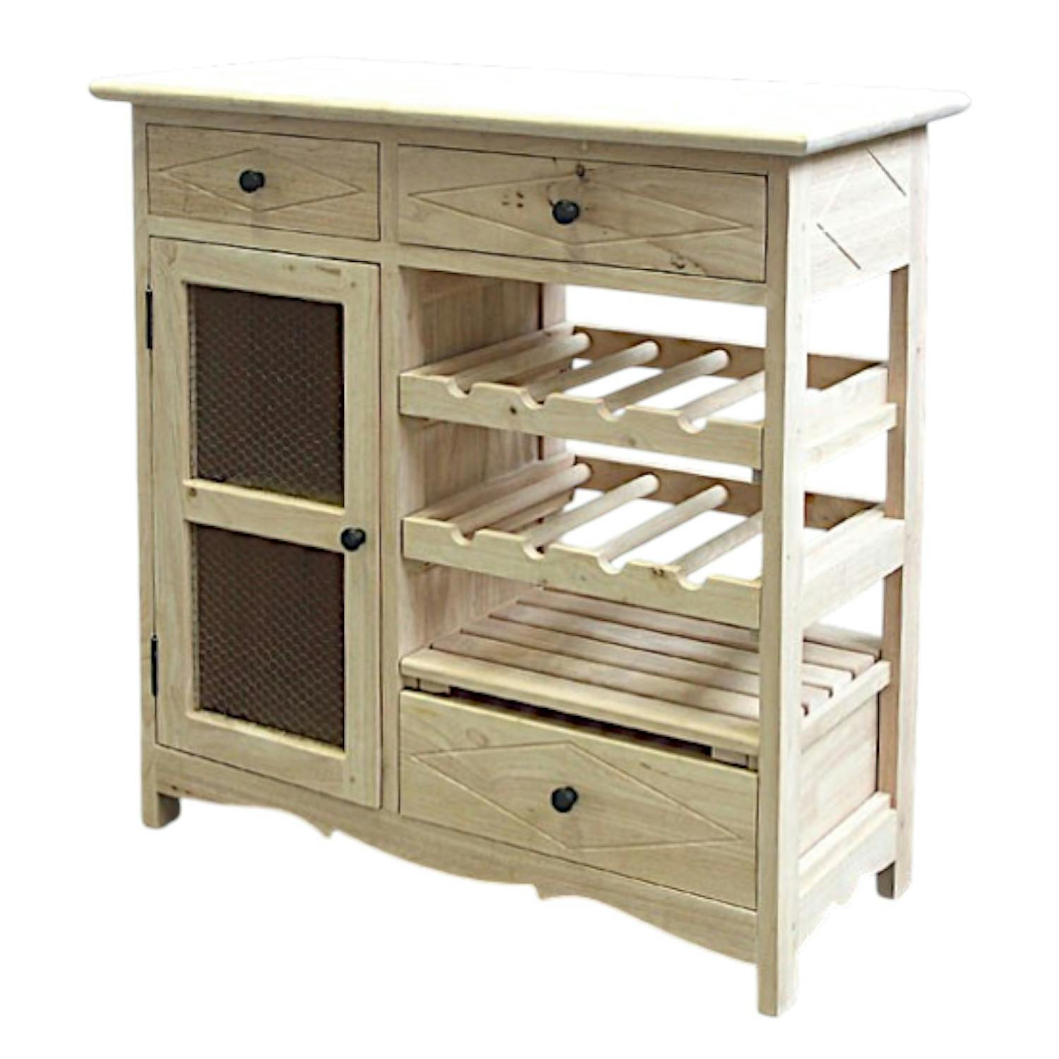 Meuble de cuisine Hévéa 3 tiroirs, 1 porte grillagée, 1 étagères, 2 racks à bouteilles 83x38x84cm TRADITION