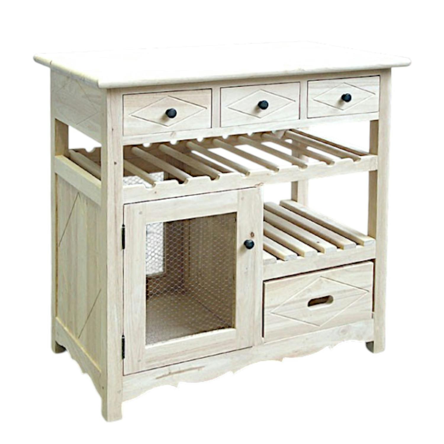 Meuble de cuisine Hévéa 4 tiroirs, 1 porte grillagée, 1 étagère, 1 rack à bouteilles 88,2x50x84cm TRADITION