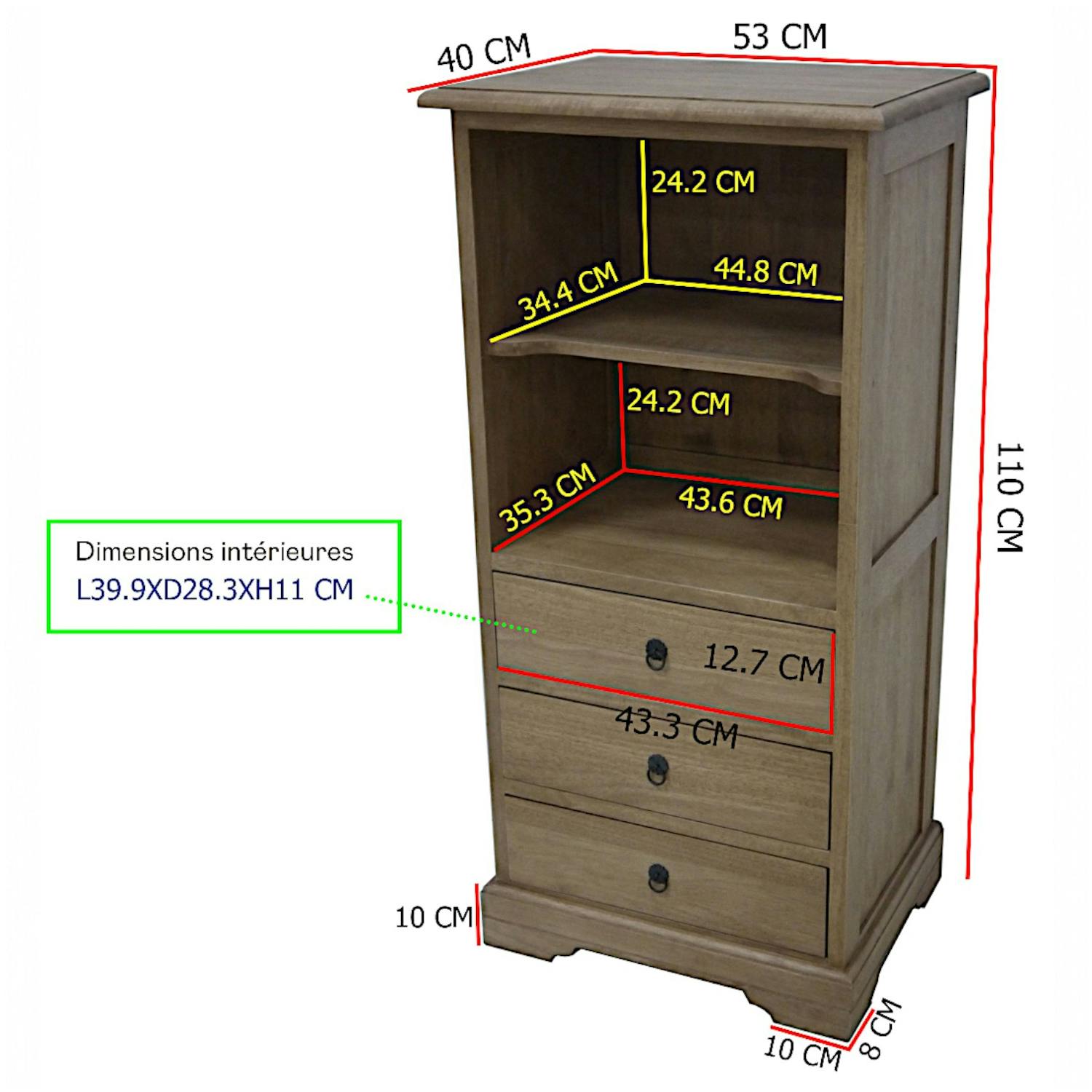 Meuble de rangement Hévéa 3 tiroirs, 2 niches 53x40x110cm TRADITION