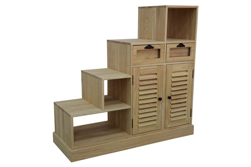 Meuble Escalier double face Hévéa 2 portes persiennes, 2 tiroirs, 3 niches, 105x40x102cm MAORI