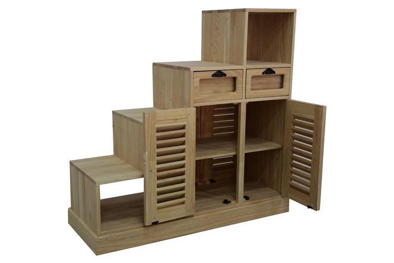 Meuble Escalier double face Hévéa 2 portes persiennes, 2 tiroirs, 3 niches, 105x40x102cm MAORI
