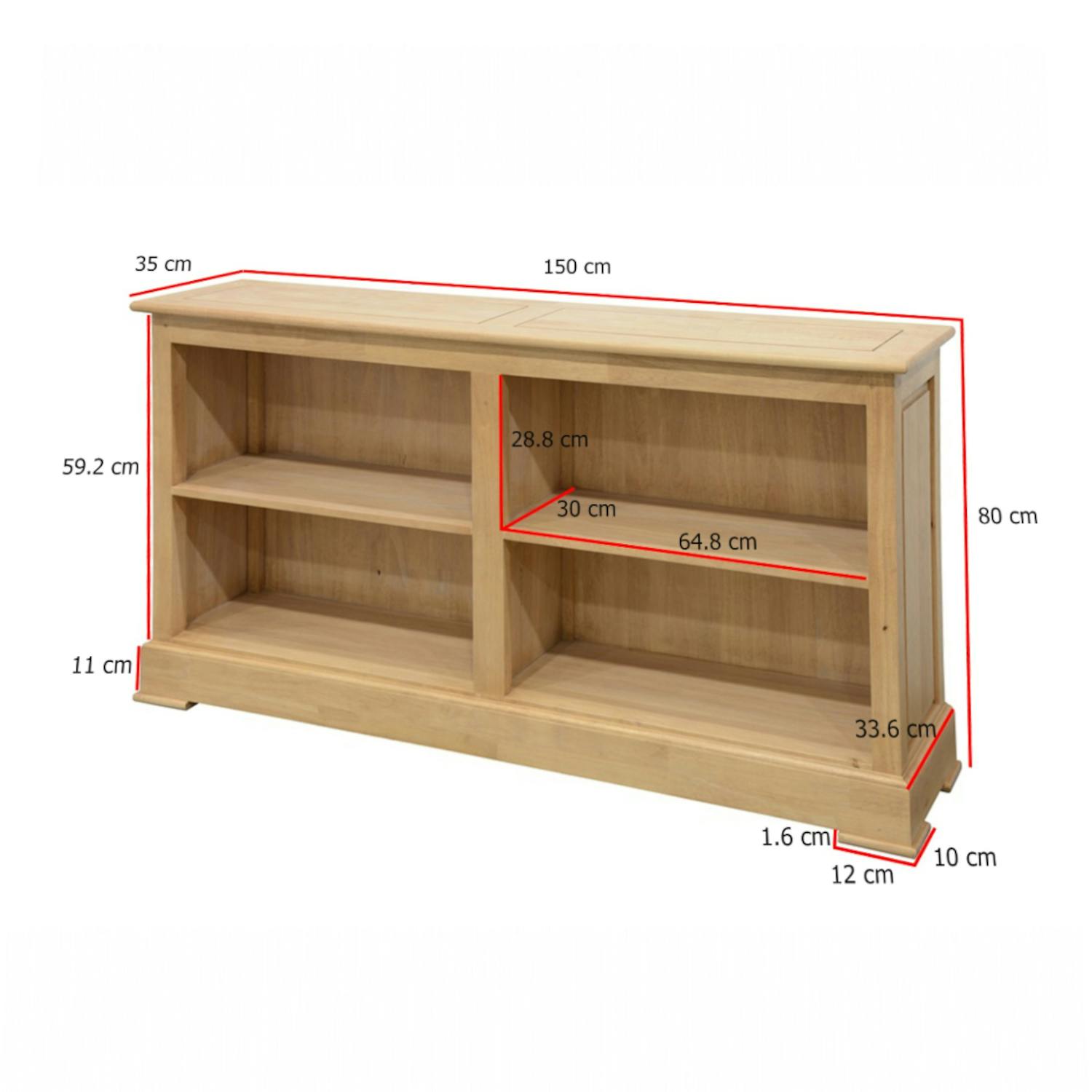 Meuble TV / Bibliothèque basse Hévéa 4 niches 150x35x80cm TRADITION