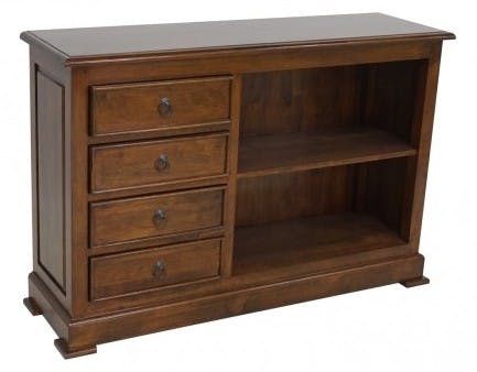 Meuble TV / Buffet / Bibliothèque basse Hévéa 4 tiroirs, 2 niches 120x35x80cm TRADITION