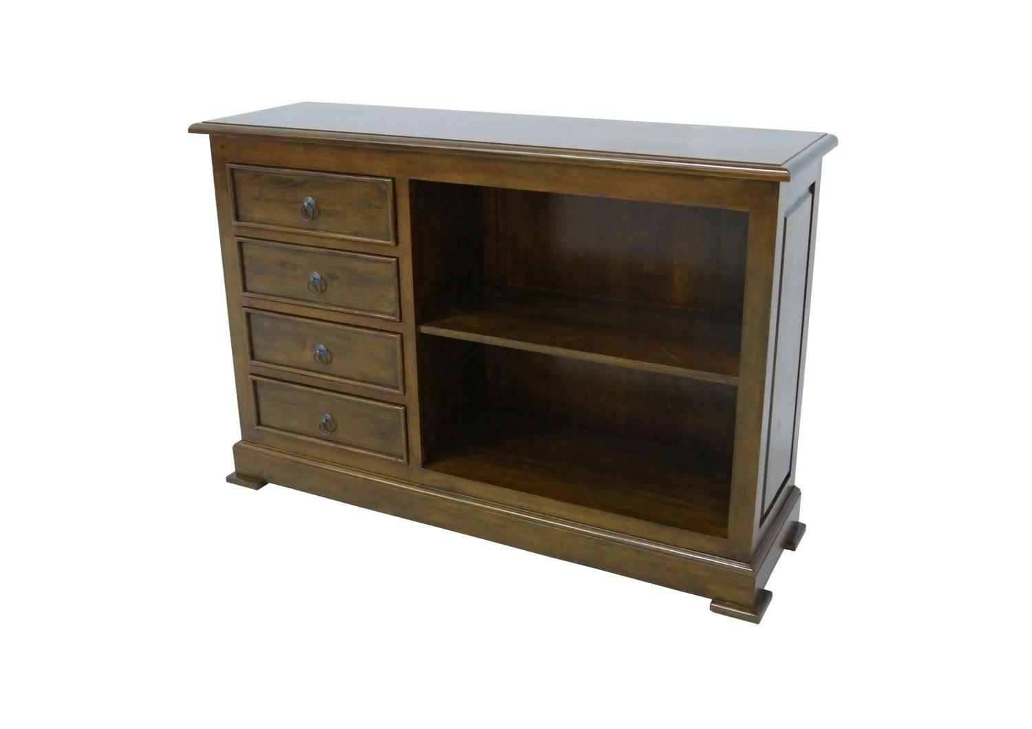 Meuble TV / Buffet / Bibliothèque basse Hévéa 4 tiroirs, 2 niches 120x35x80cm TRADITION