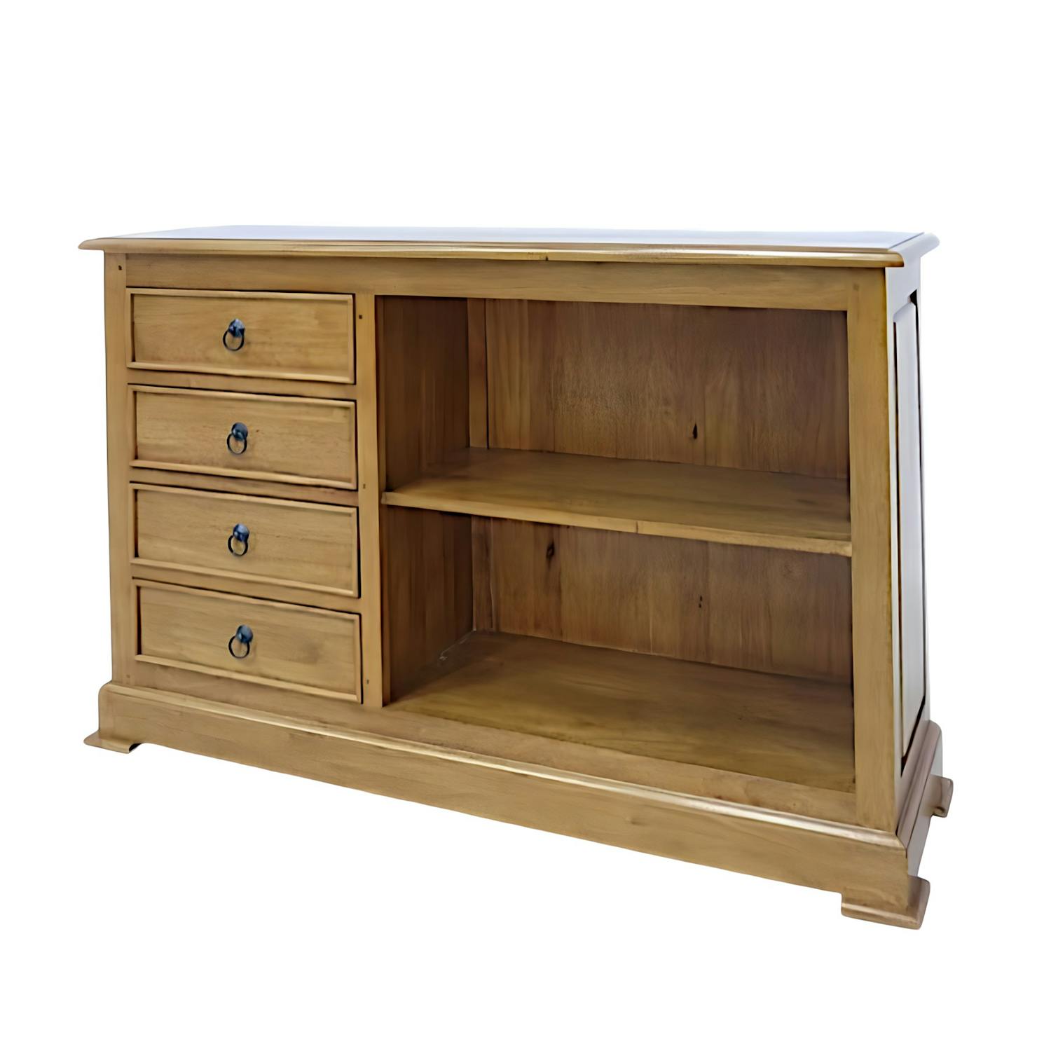 Meuble TV / Buffet / Bibliothèque basse Hévéa 4 tiroirs, 2 niches 120x35x80cm TRADITION