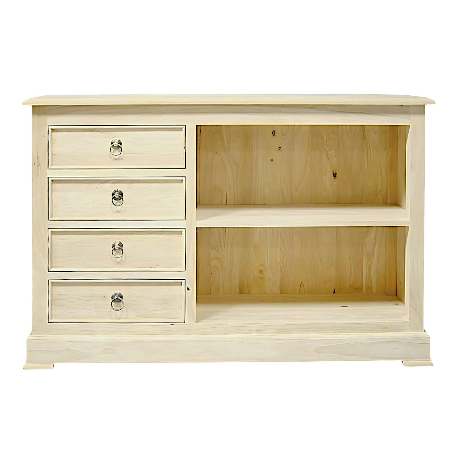 Meuble TV / Buffet / Bibliothèque basse Hévéa 4 tiroirs, 2 niches 120x35x80cm TRADITION