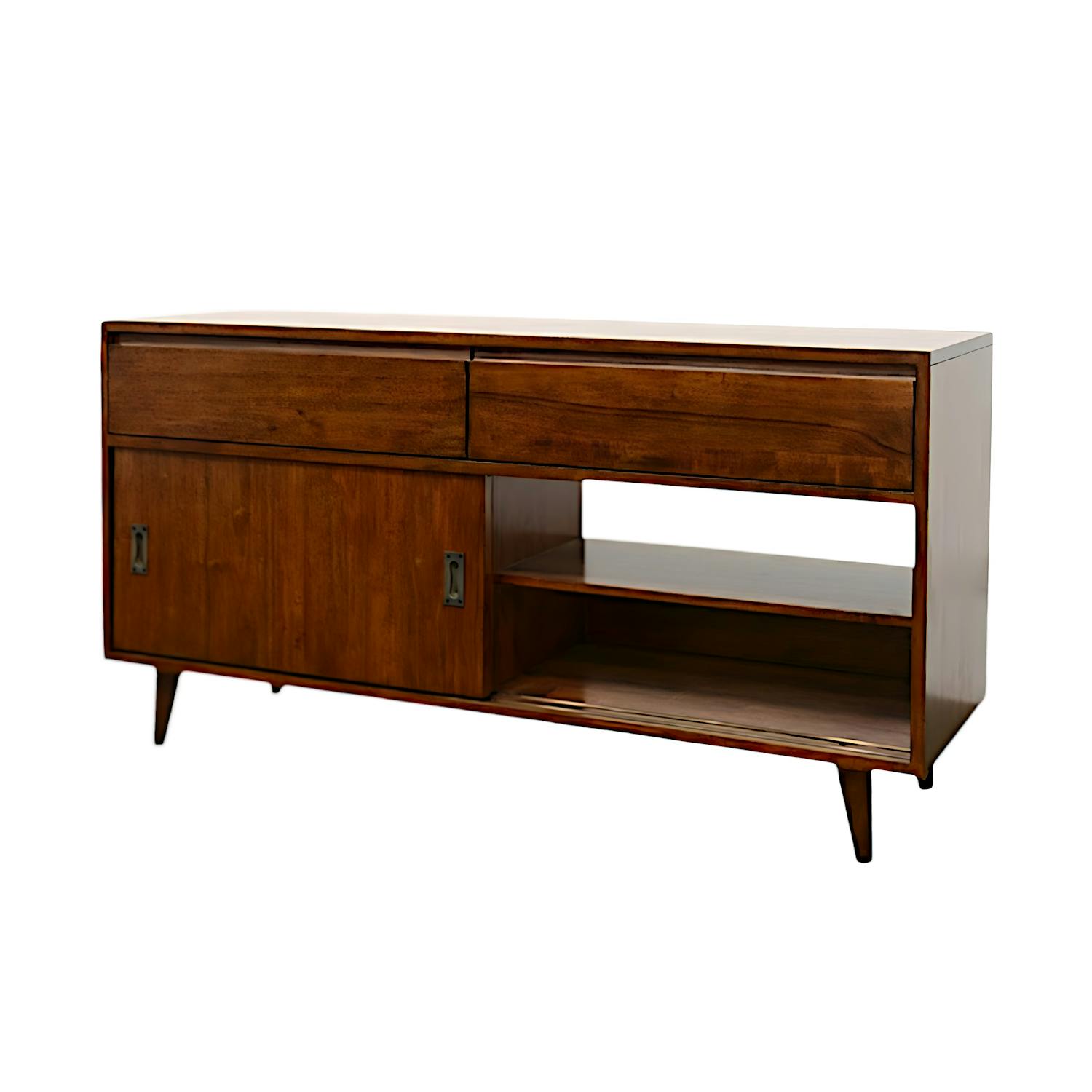 Meuble TV / Buffet Hévéa 2 portes coulissantes, 2 tiroirs 140x45x74cm SIXTIES