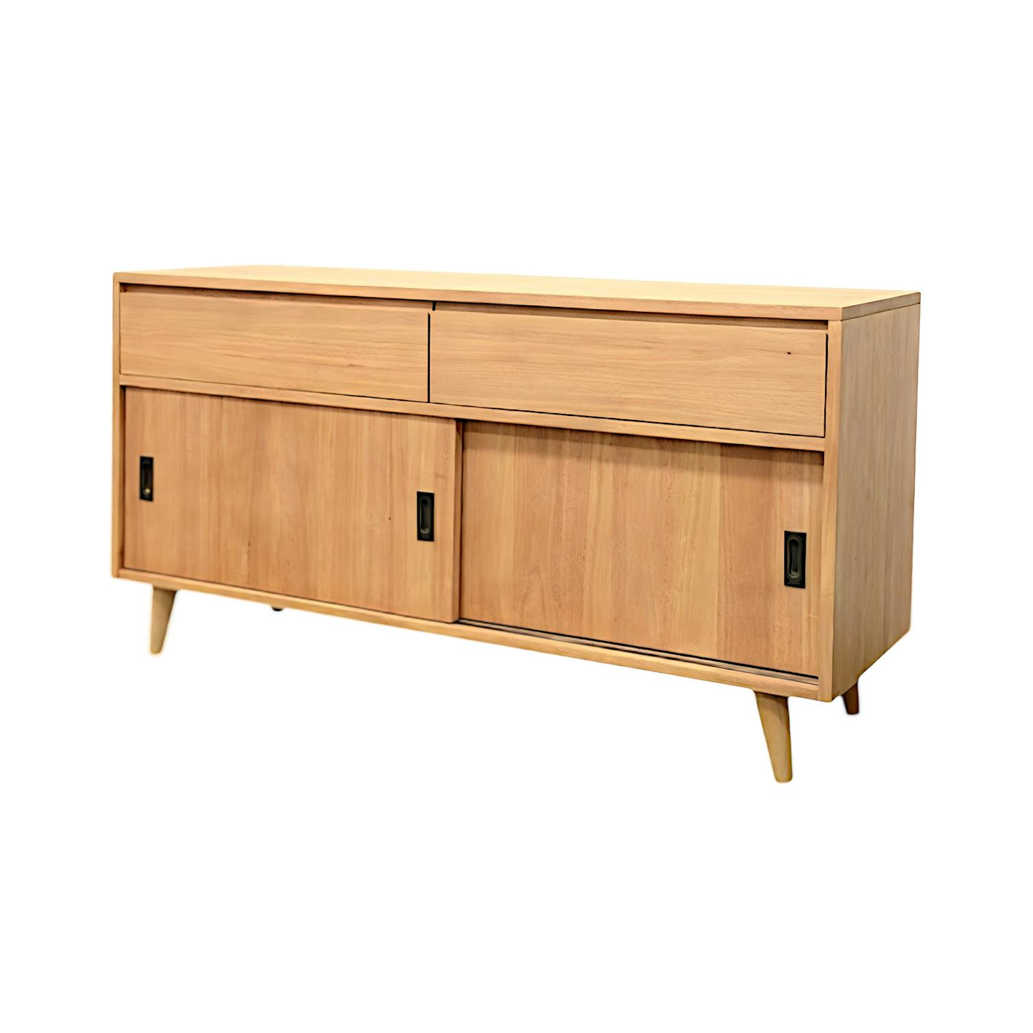 Meuble TV / Buffet Hévéa 2 portes coulissantes, 2 tiroirs 140x45x74cm SIXTIES