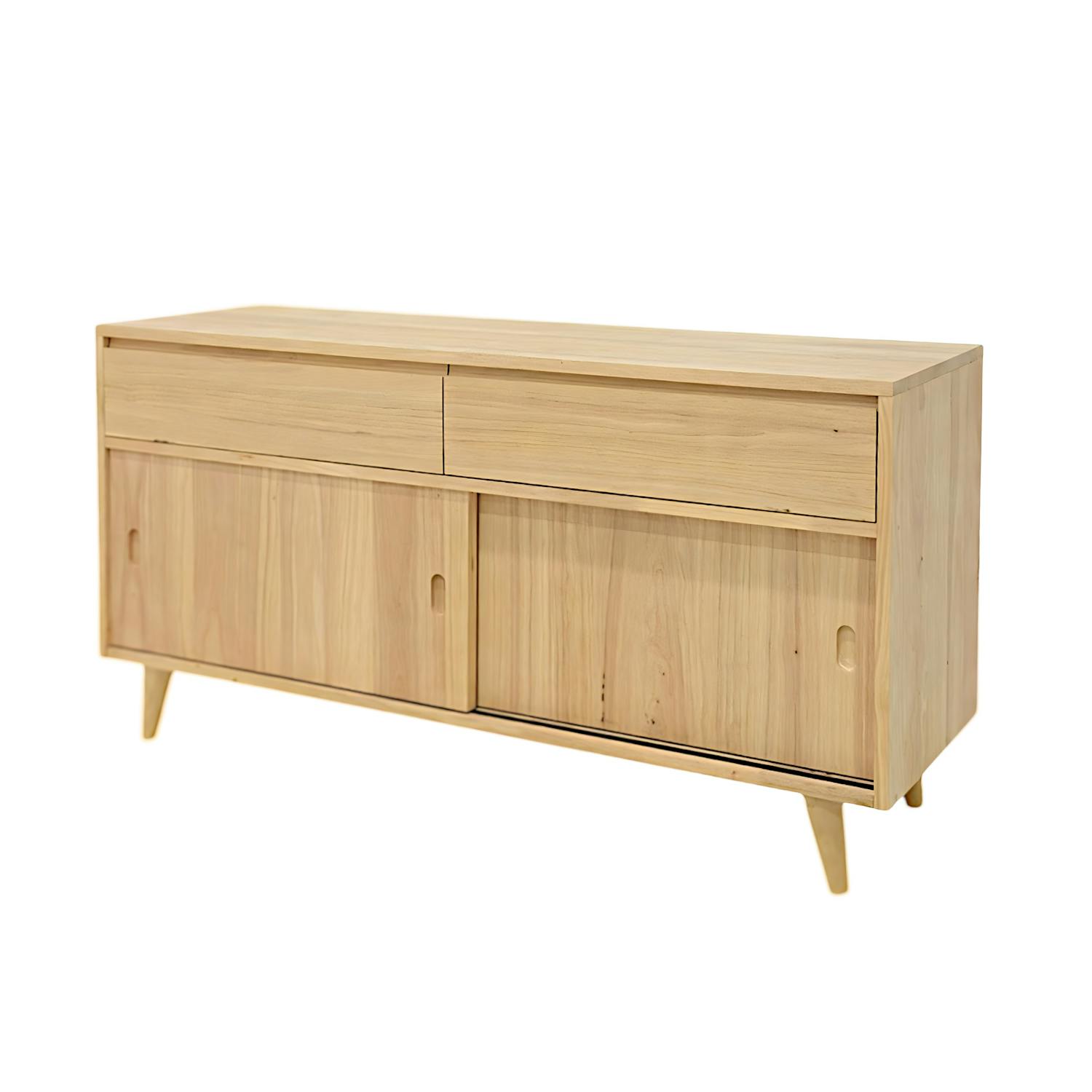 Meuble TV / Buffet Hévéa 2 portes coulissantes, 2 tiroirs 140x45x74cm SIXTIES