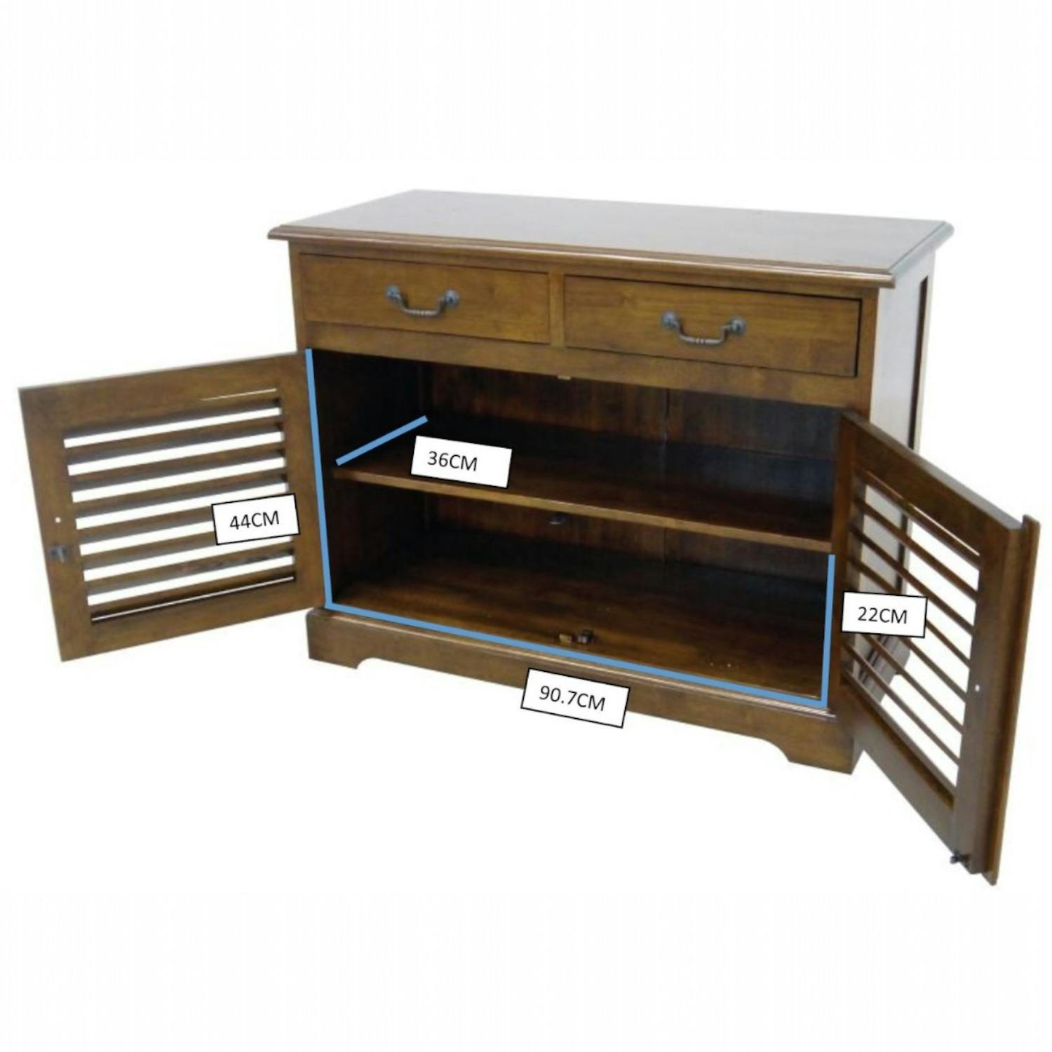 Meuble TV / Buffet Hévéa 2 portes persiennes, 2 tiroirs 100x44x77cm MAORI