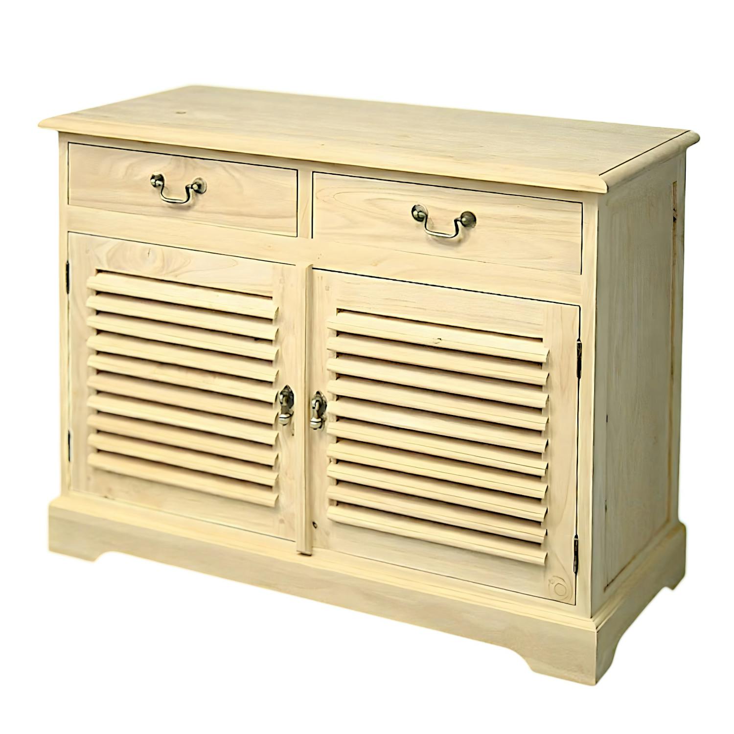 Meuble TV / Buffet Hévéa 2 portes persiennes, 2 tiroirs 100x44x77cm MAORI