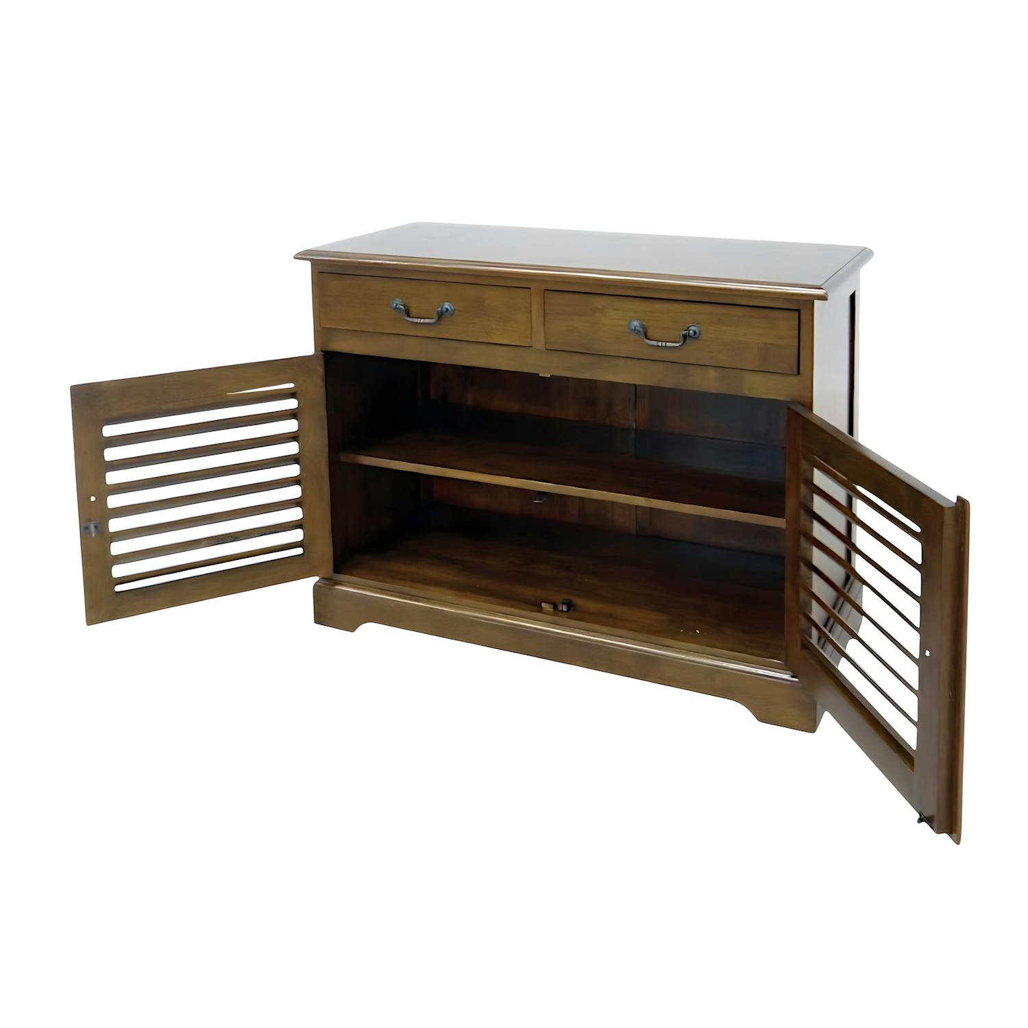 Meuble TV / Buffet Hévéa 2 portes persiennes, 2 tiroirs 100x44x77cm MAORI