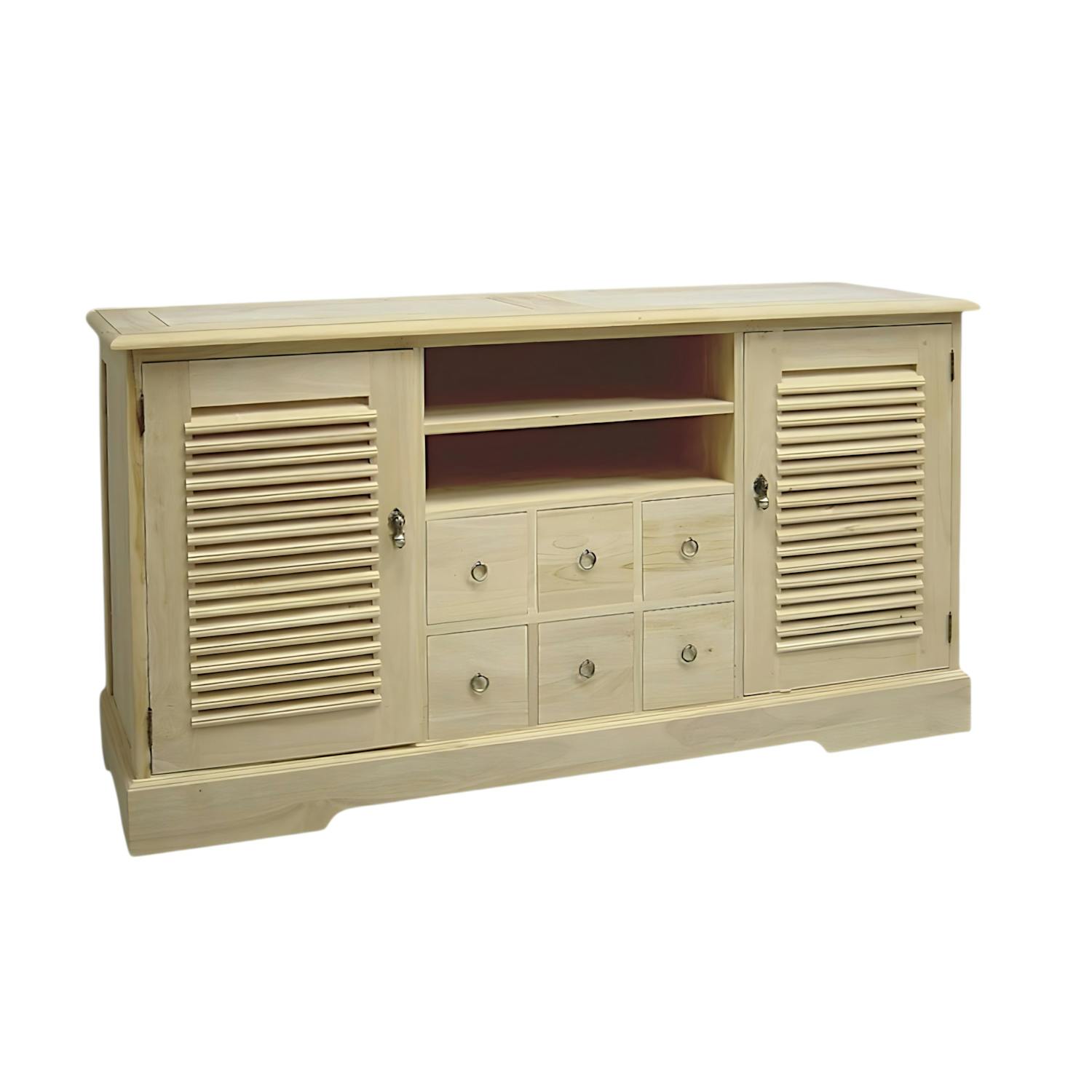 Meuble TV / Buffet Hévéa 2 portes persiennes, 6 tiroirs, 2 niches 150x44x80cm MAORI