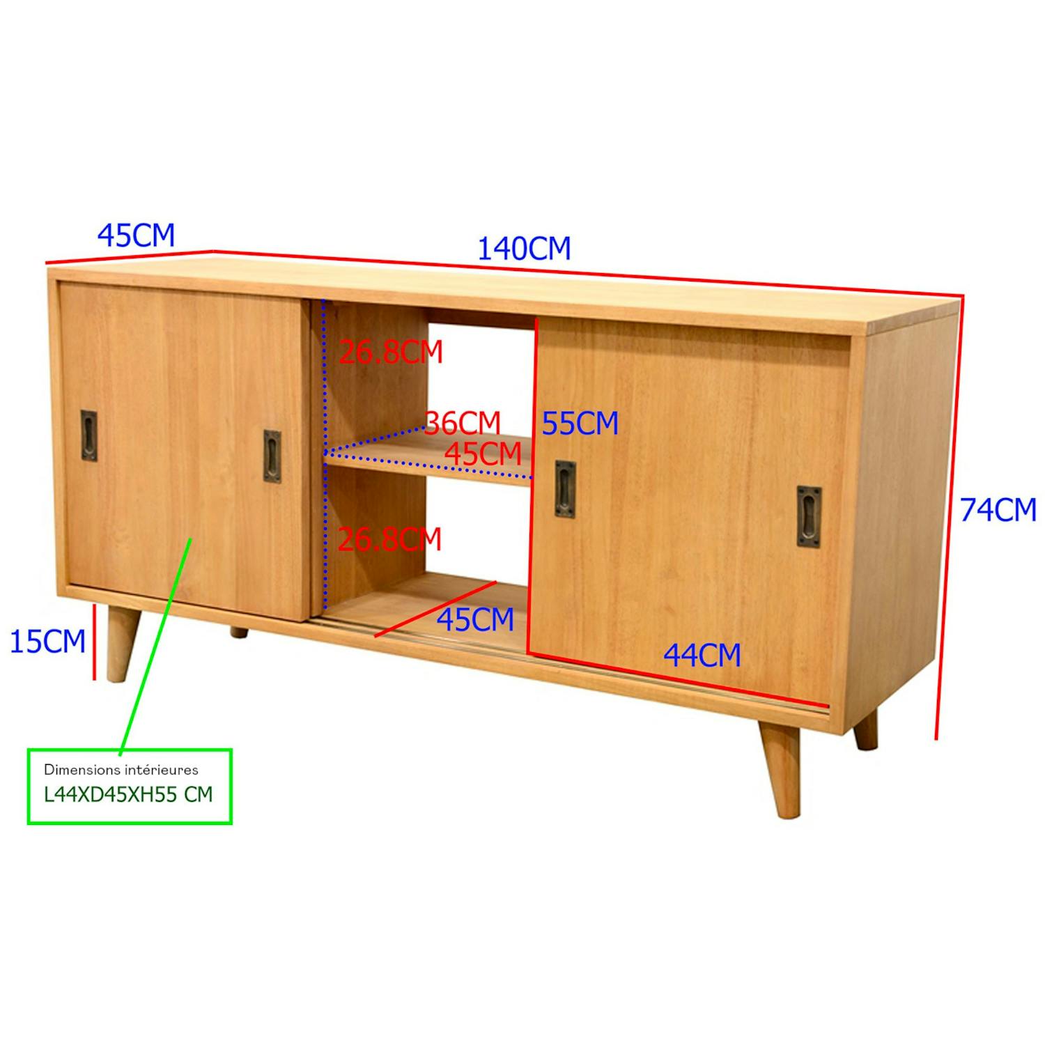 Meuble TV / Buffet Hévéa 3 portes coulissantes 140x45x74cm SIXTIES