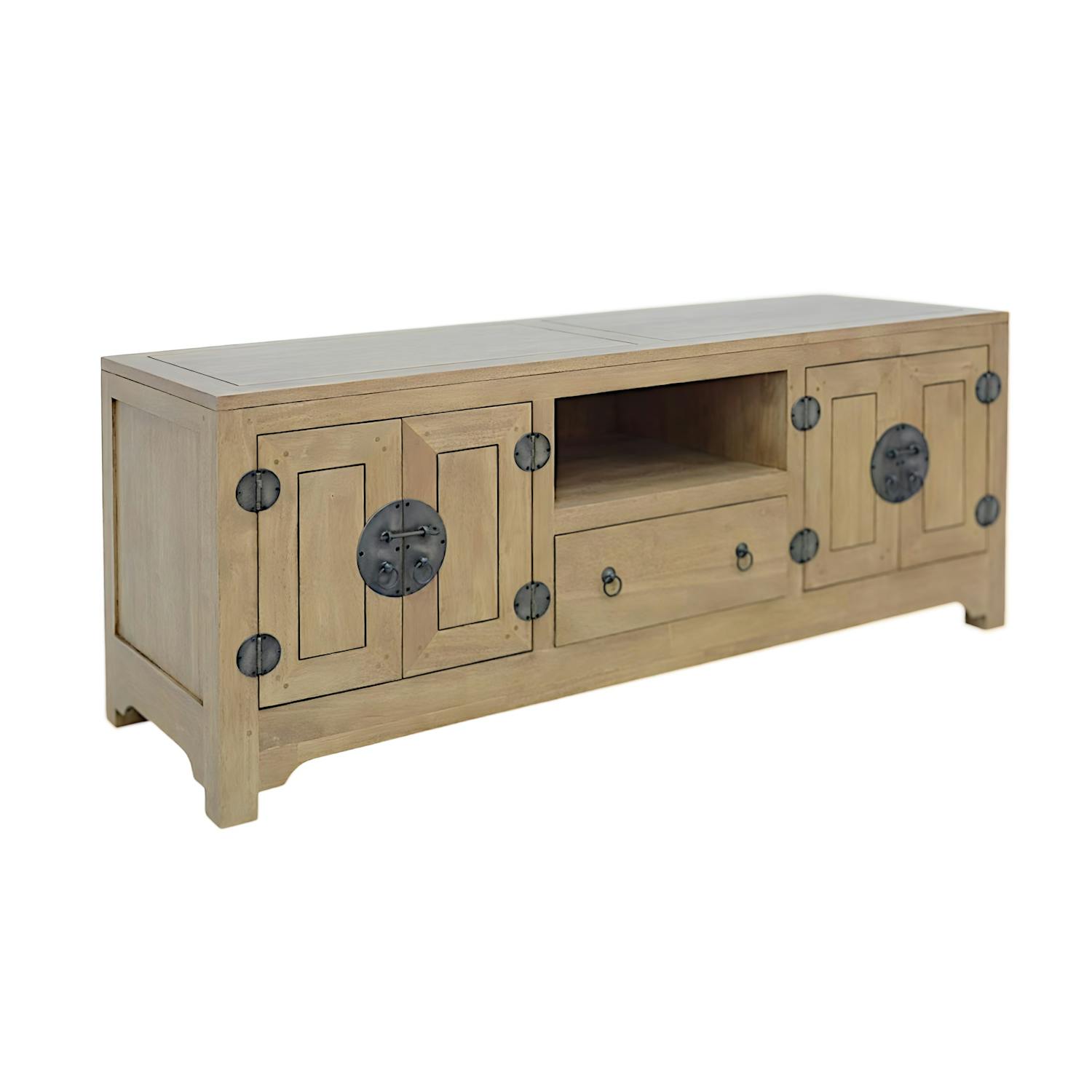 Meuble TV chinois asiatique 4 portes 1 tiroir hévéa 160cm MAORI