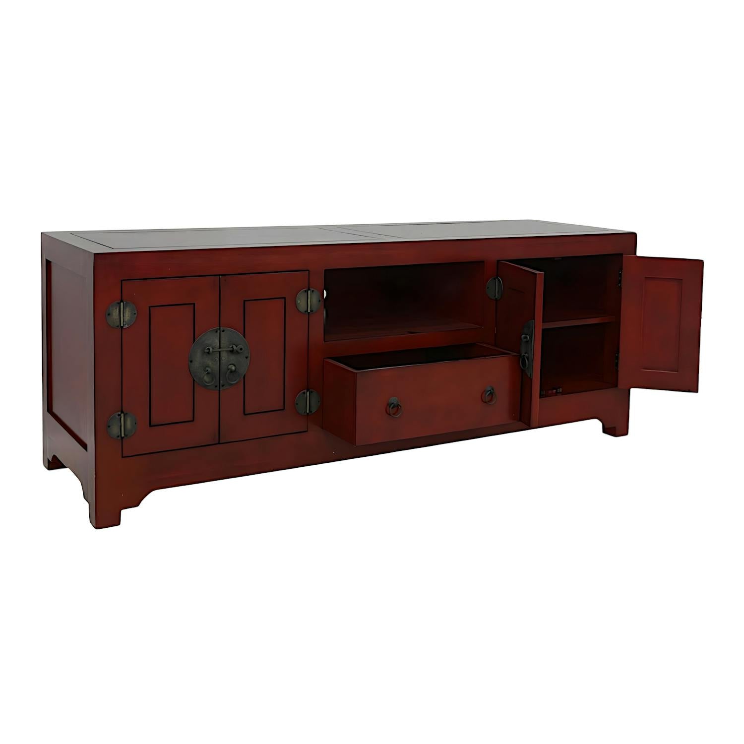 Meuble TV chinois asiatique 4 portes 1 tiroir hévéa 160cm MAORI