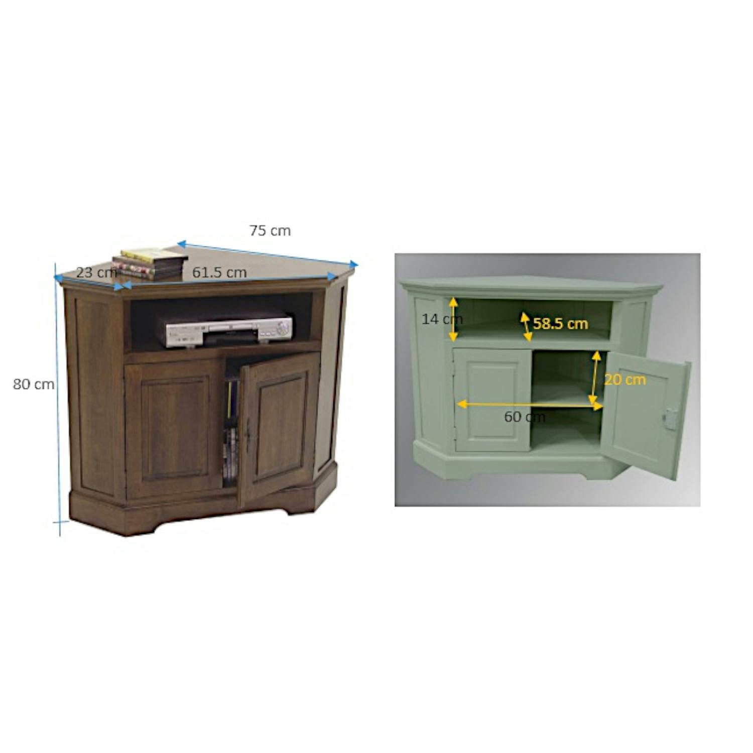 Meuble TV d'angle 2 portes hévéa 105cm TRADITION