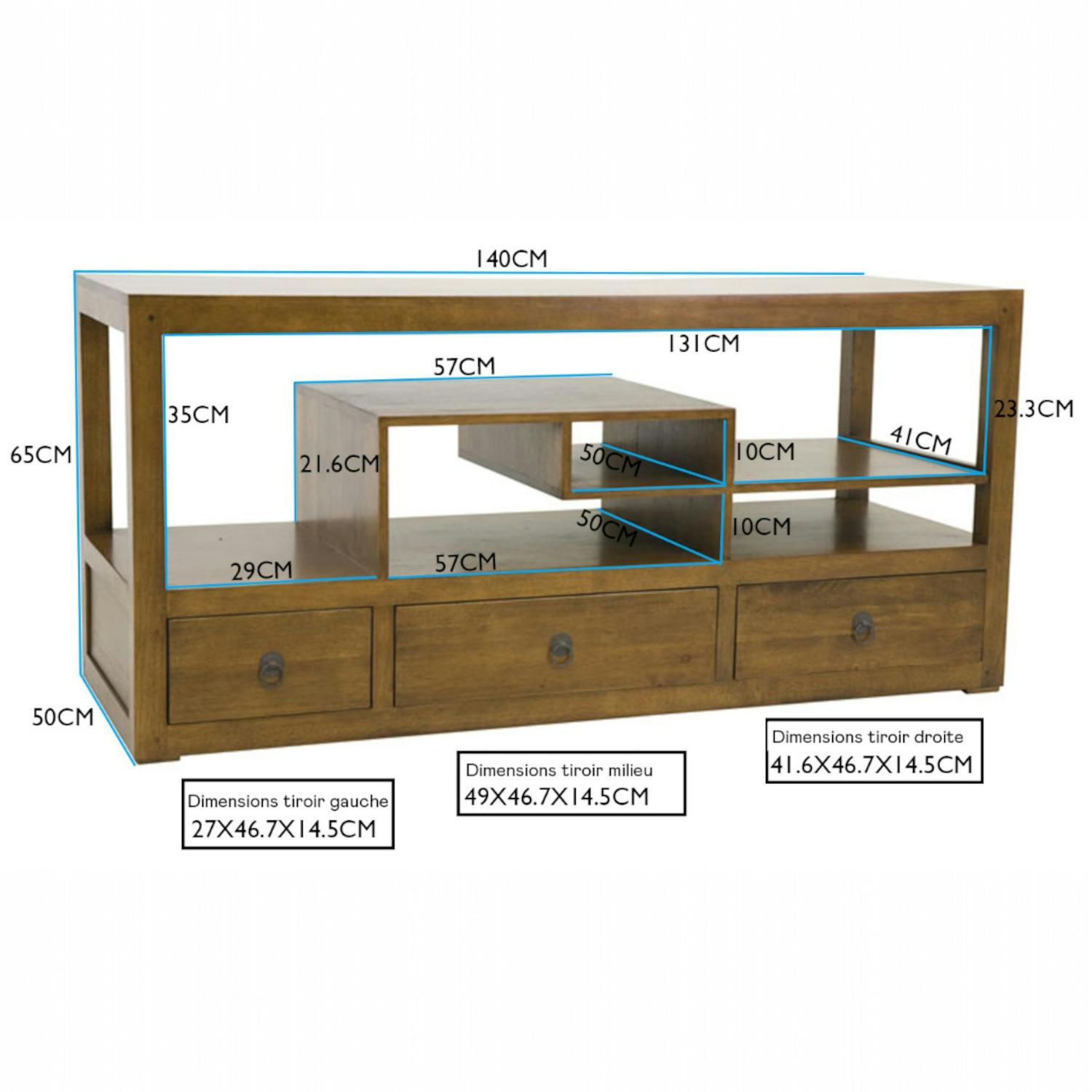 Meuble TV destructuré Hévéa 3 tiroirs 140x50x65cm HELENA