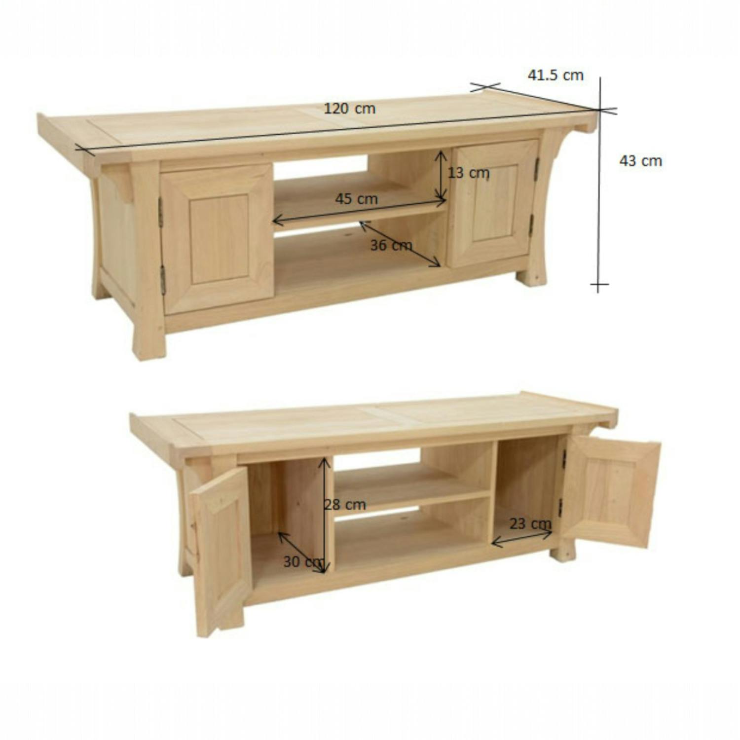 Meuble TV Hévéa 2 portes, 2 niches 120x41,5x43cm MAORI