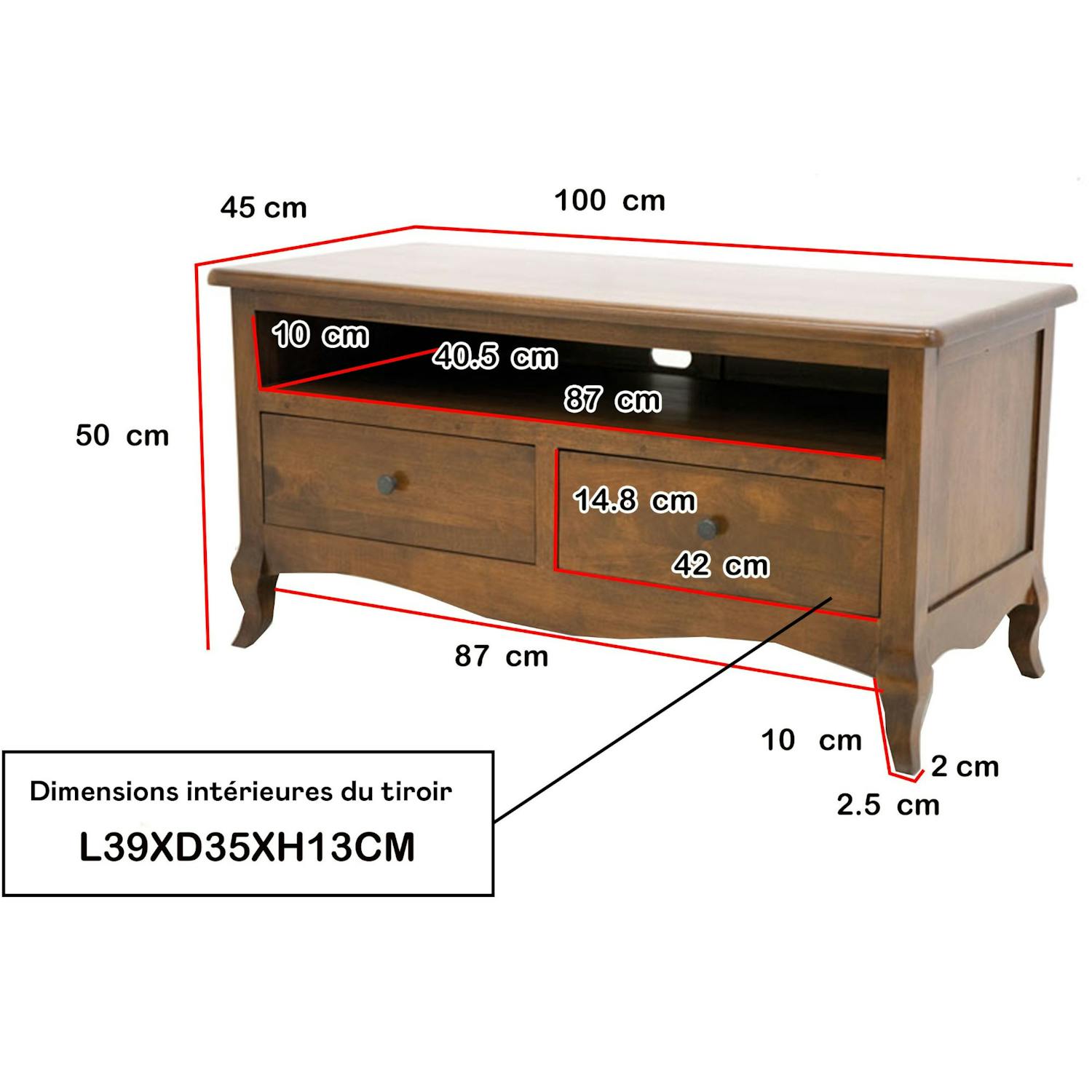 Meuble TV Hévéa 2 tiroirs, 1 grande niche 100x45x50cm TRADITION