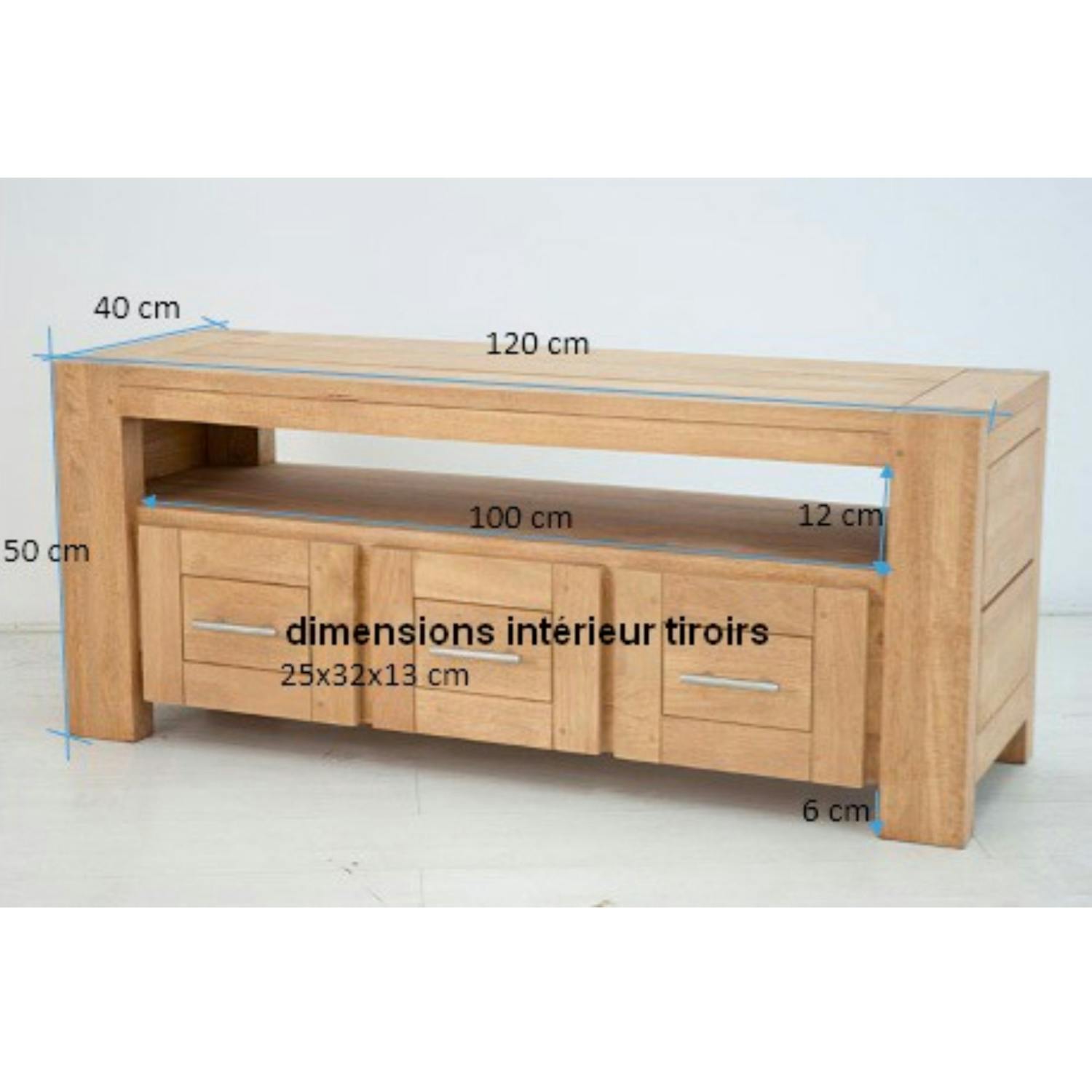 Meuble TV Hévéa 3 tiroirs, 1 grande niche 120x40x50cm ATTAN