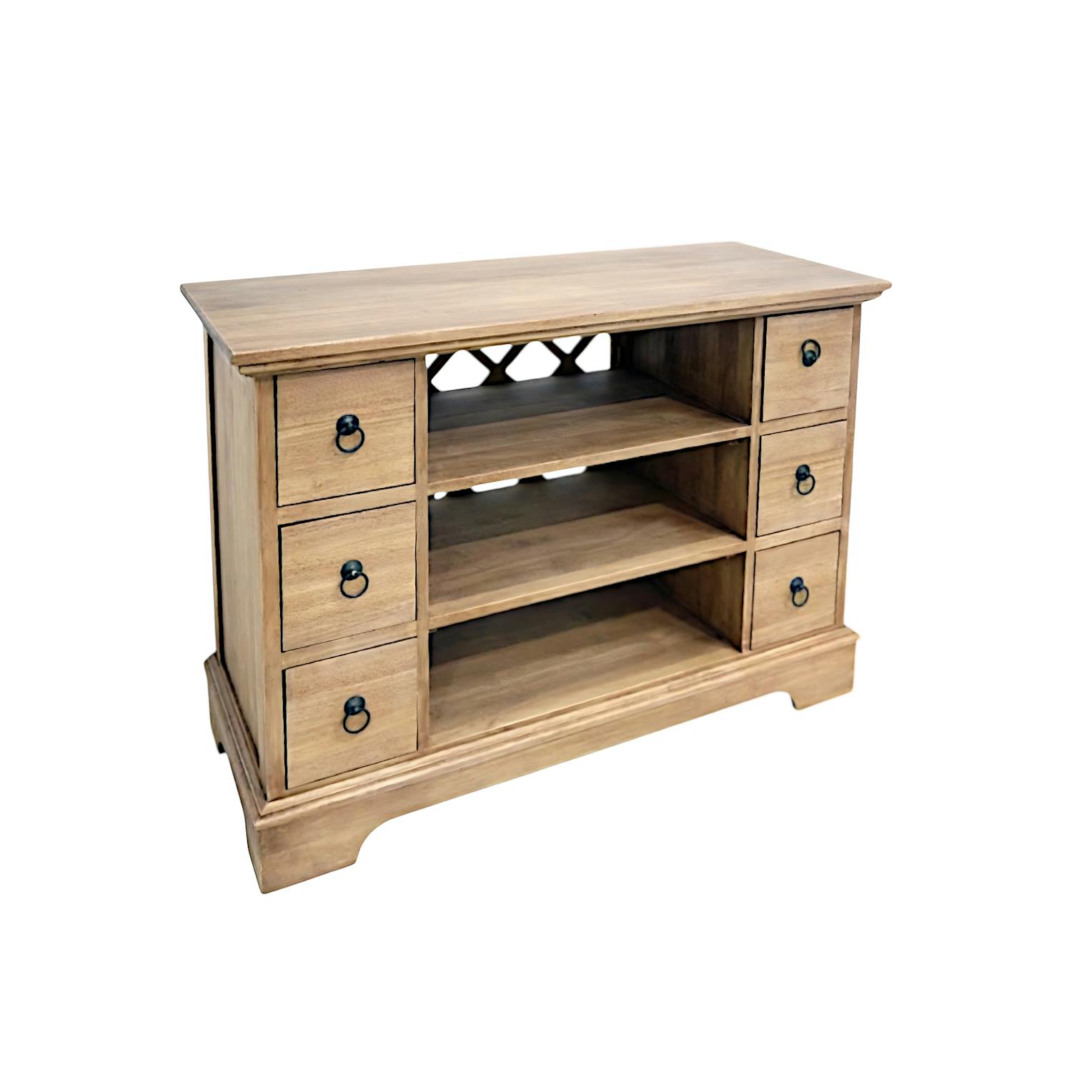 Meuble TV Hévéa 6 tiroirs, 3 niches, fond ajouré effet croisé 98x39x72.6cm MAORI