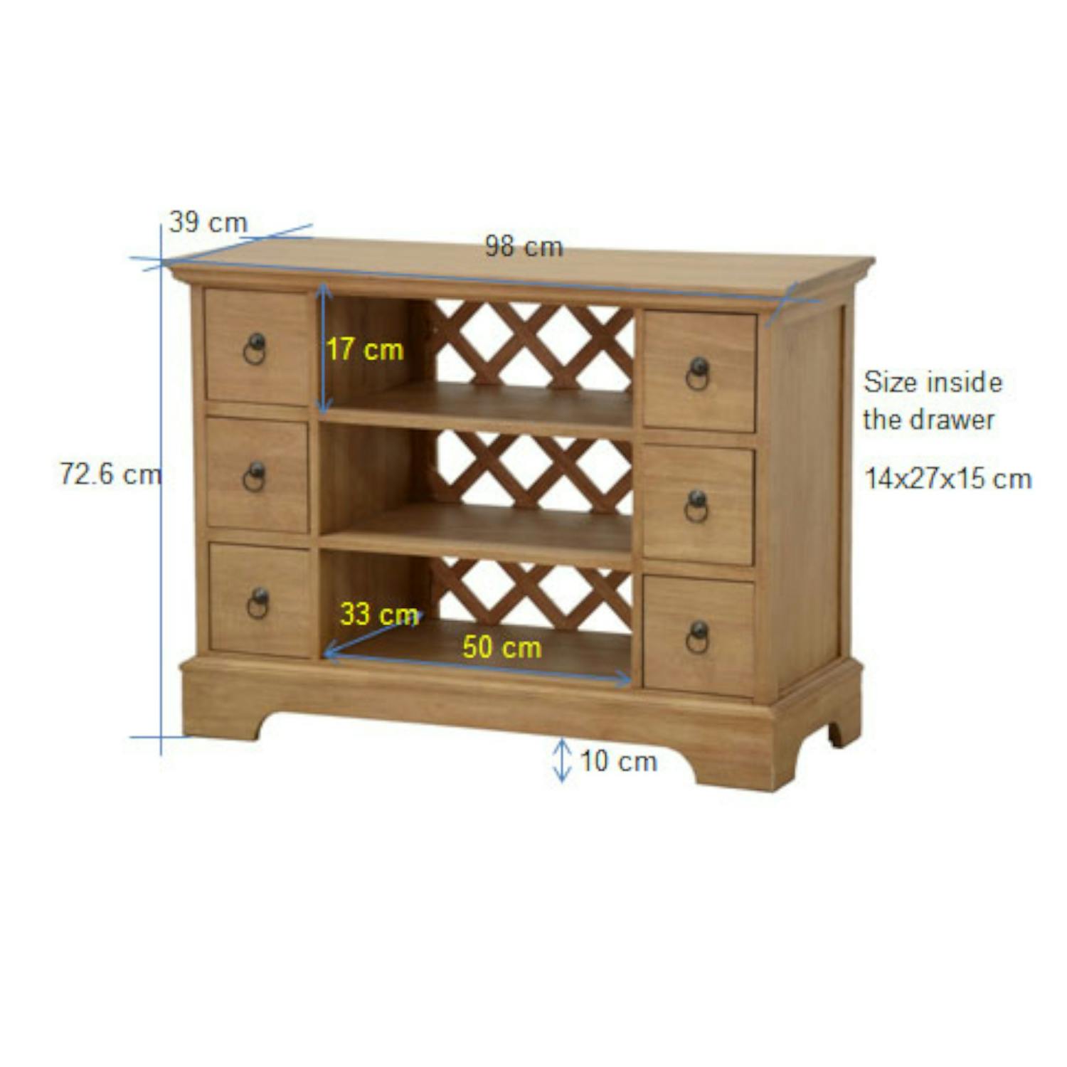 Meuble TV Hévéa 6 tiroirs, 3 niches, fond ajouré effet croisé 98x39x72.6cm MAORI