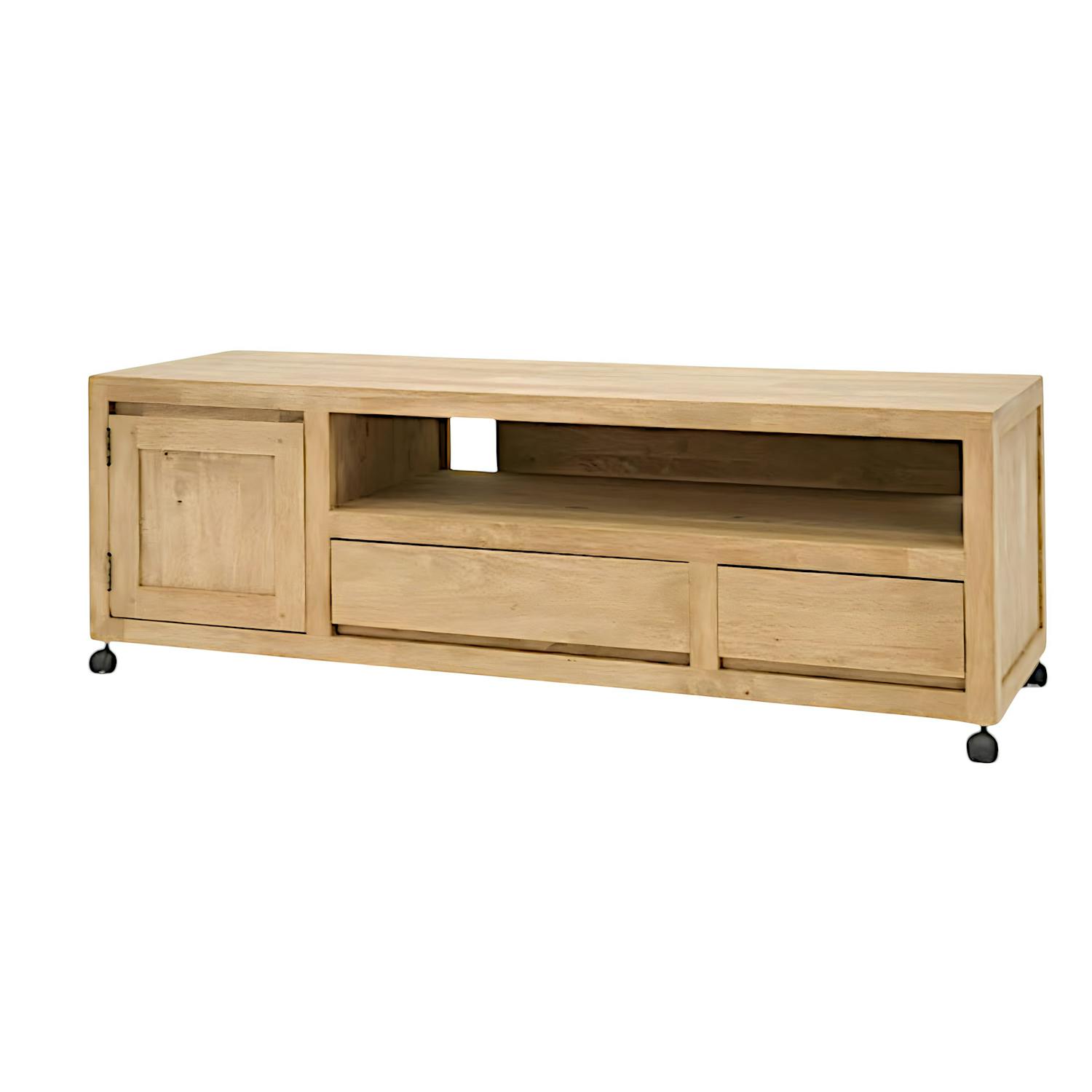 Meuble TV Hévéa à roulettes, 1 porte, 2 tiroirs, 1 grande niche 140x45x47,5 OLGA