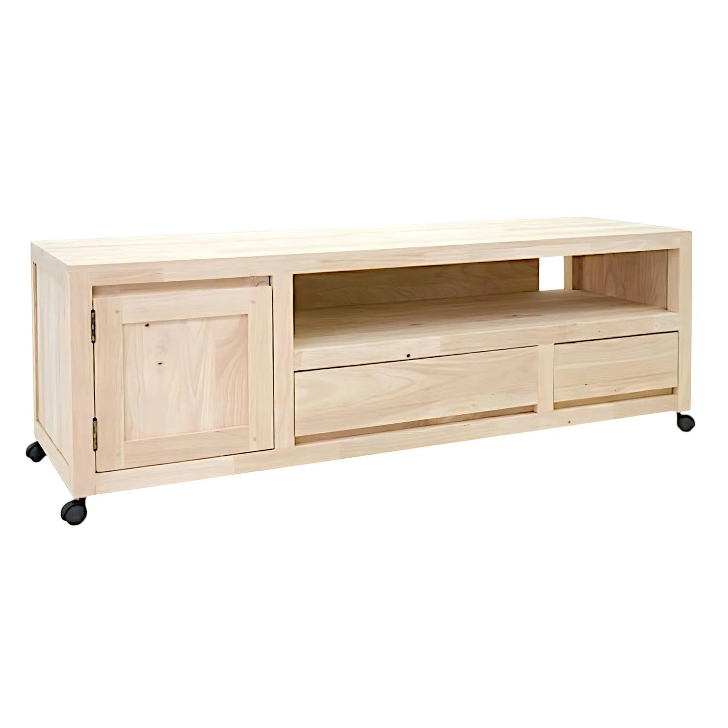 Meuble TV Hévéa à roulettes, 1 porte, 2 tiroirs, 1 grande niche 140x45x47,5 OLGA