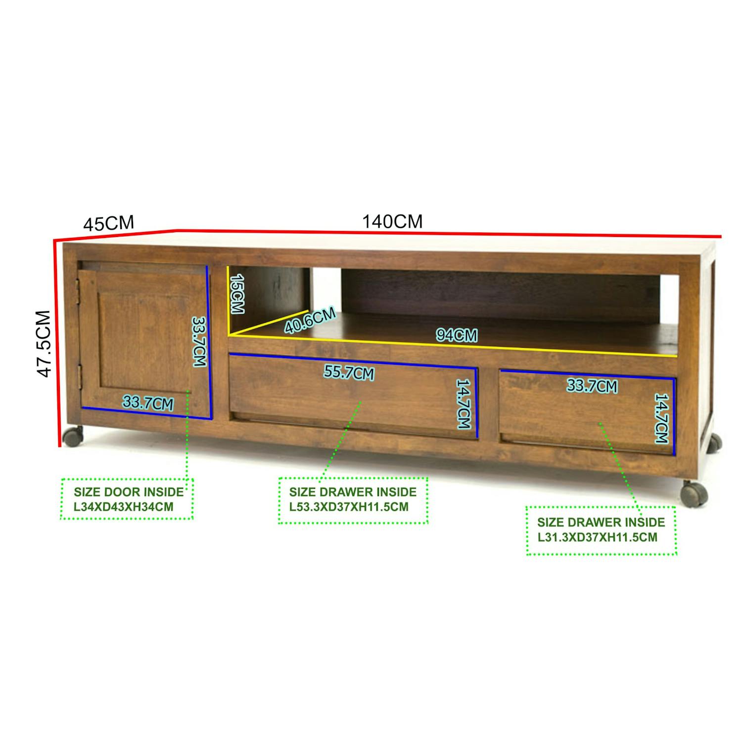 Meuble TV Hévéa à roulettes, 1 porte, 2 tiroirs, 1 grande niche 140x45x47,5 OLGA