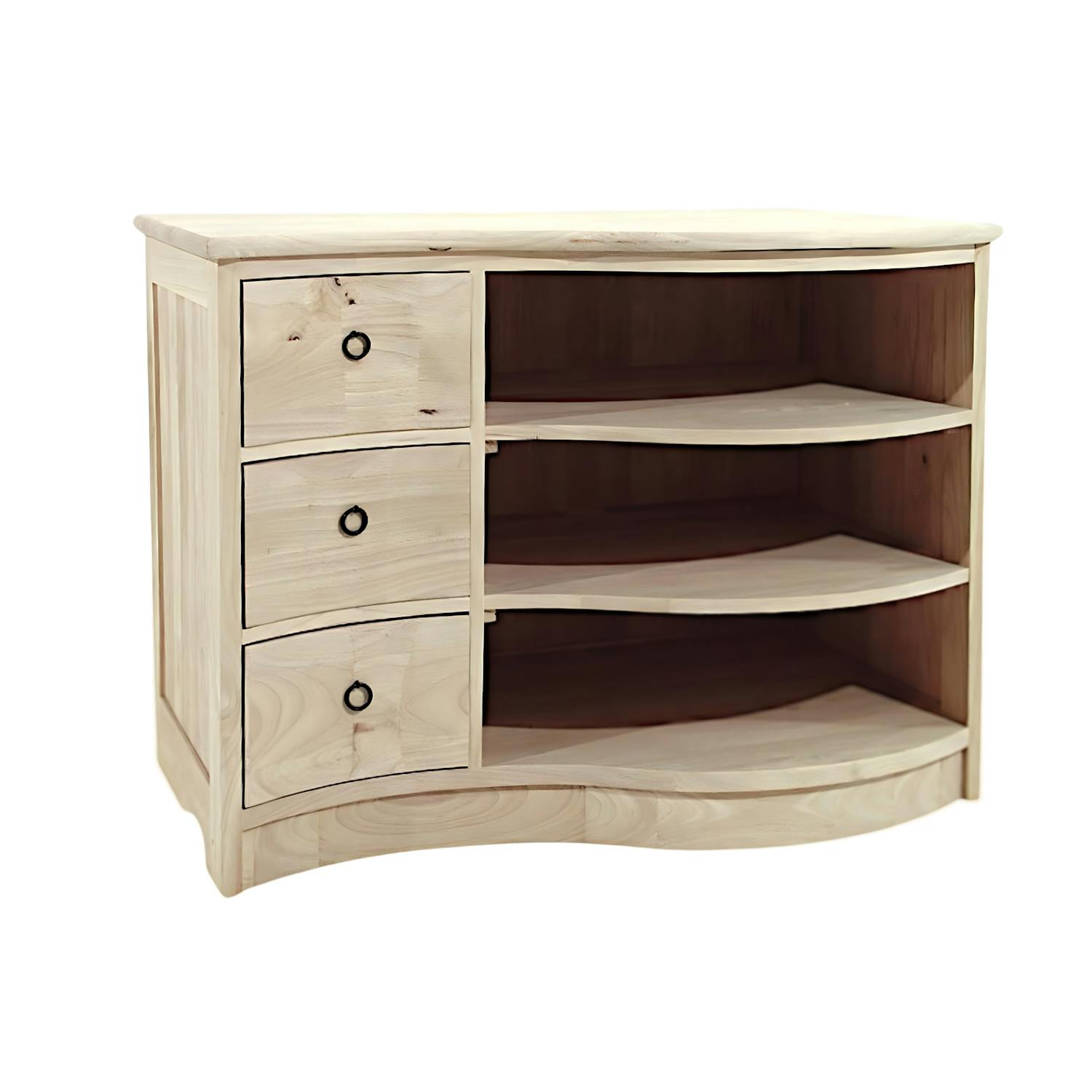 Meuble TV vague hévéa 3 tiroirs 3 niches 90cm TRADITION