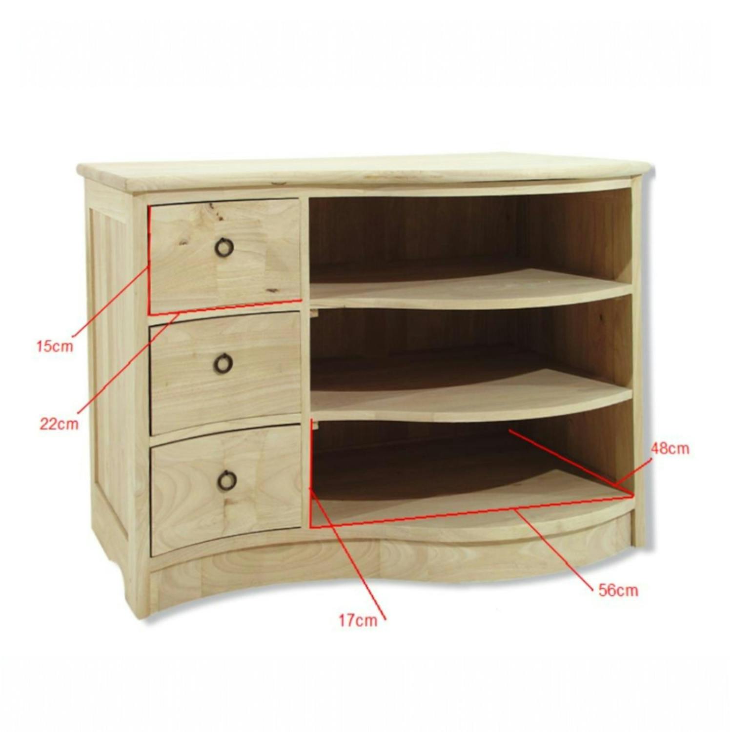Meuble TV vague hévéa 3 tiroirs 3 niches 90cm TRADITION