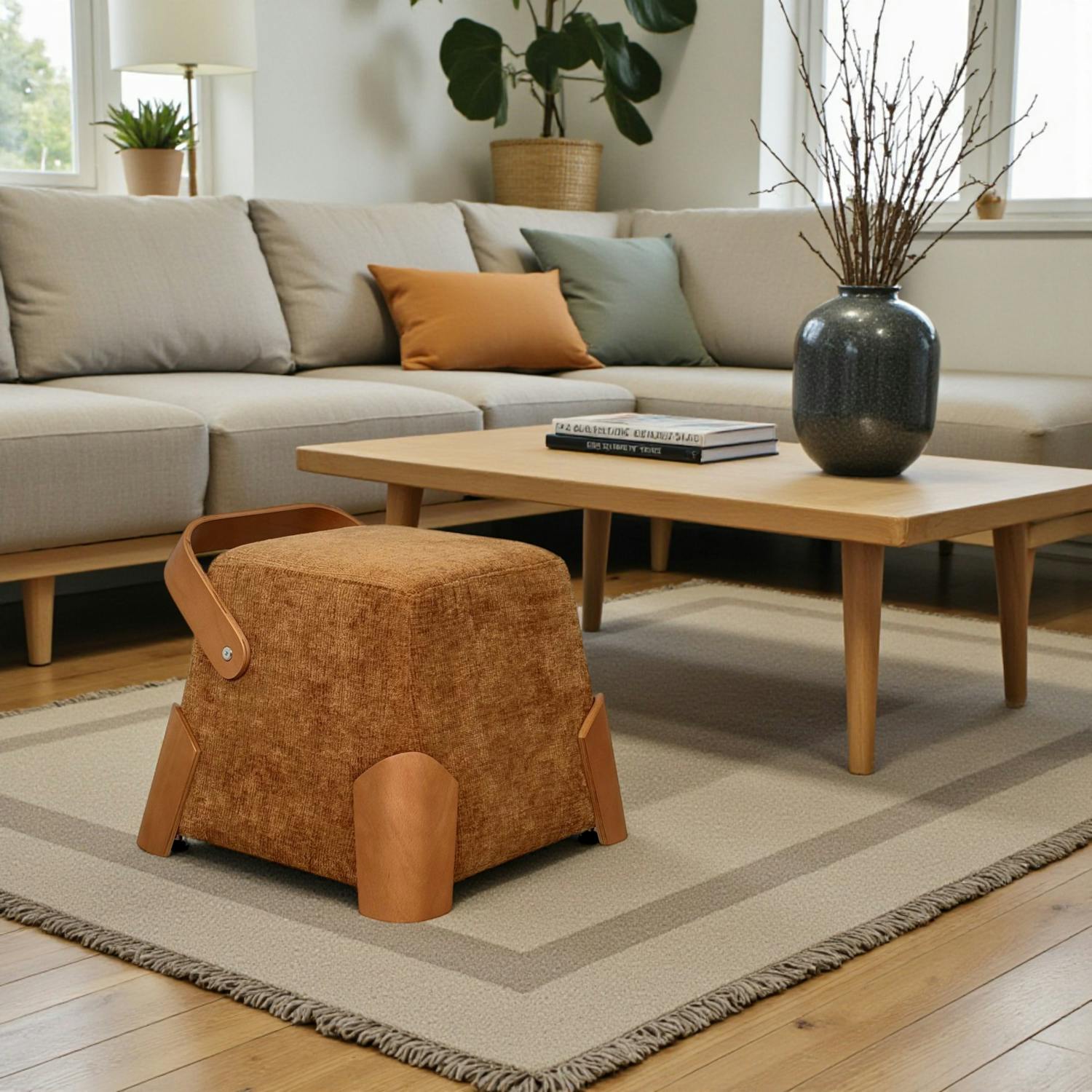 Pouf design blanc avec poignée en bois IENA