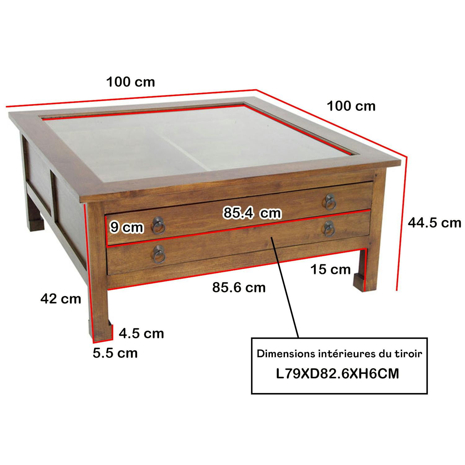 Table basse carrée vitré hévéa 100x100x40cm MAORI