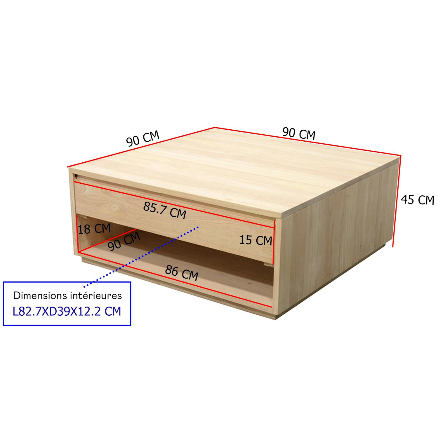Table basse Hévéa 2 tiroirs 90x90x40cm BALTIC