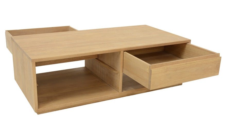 Table basse Hévéa 2 tiroirs traversants, 2 niches basses sous tiroirs 120x60x40cm BALTIC