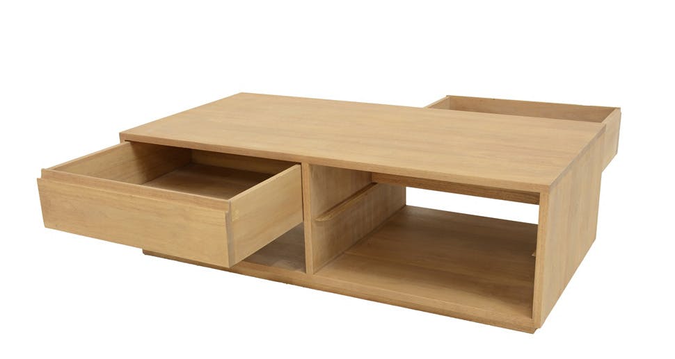 Table basse Hévéa 2 tiroirs traversants, 2 niches basses sous tiroirs 120x60x40cm BALTIC