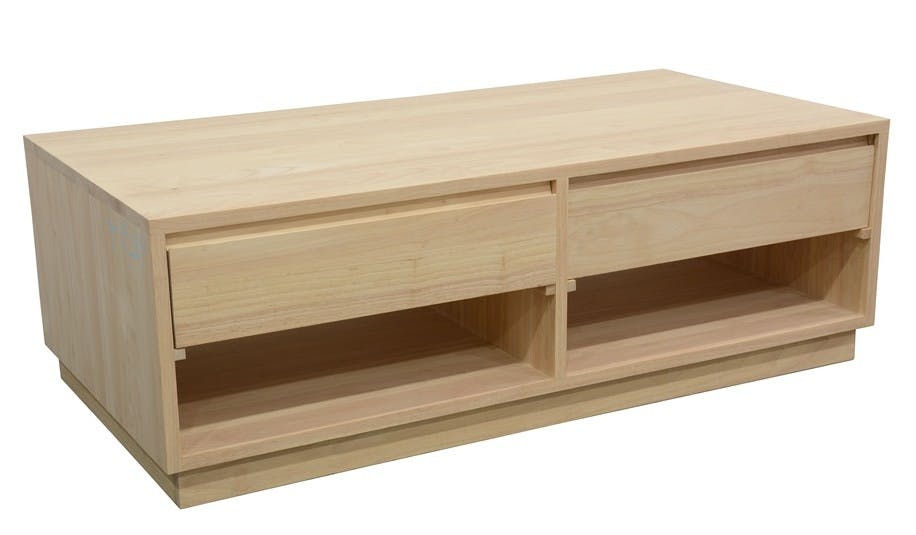 Table basse Hévéa 2 tiroirs traversants, 2 niches basses sous tiroirs 120x60x40cm BALTIC