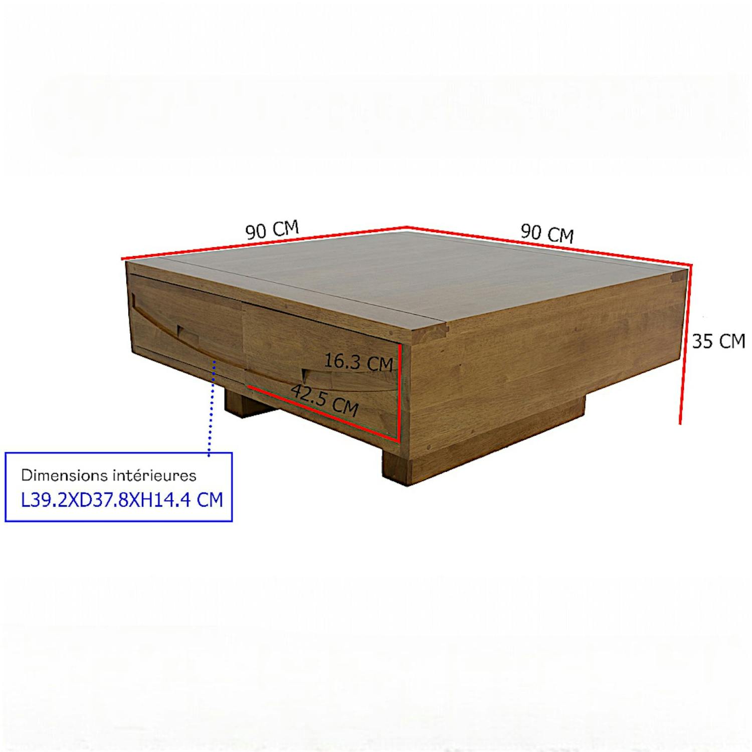 Table basse Hévéa 4 tiroirs 90x90x35cm NIAGARA