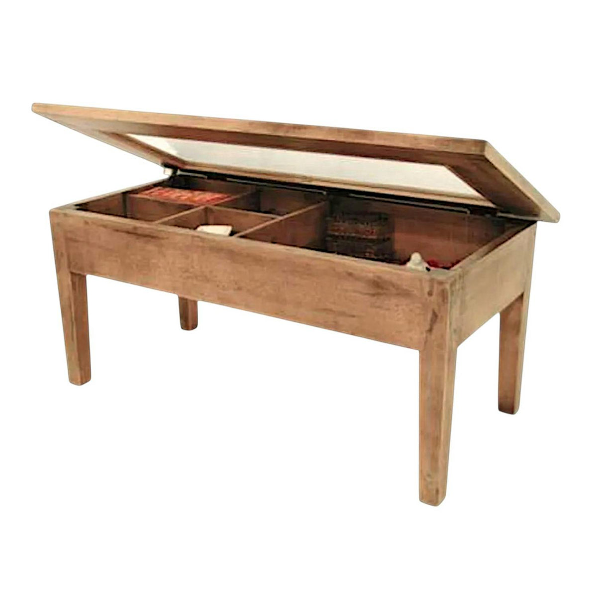 Table basse Hévéa plateau ouvrable vitré et bois 90x45x41cm TRADITION