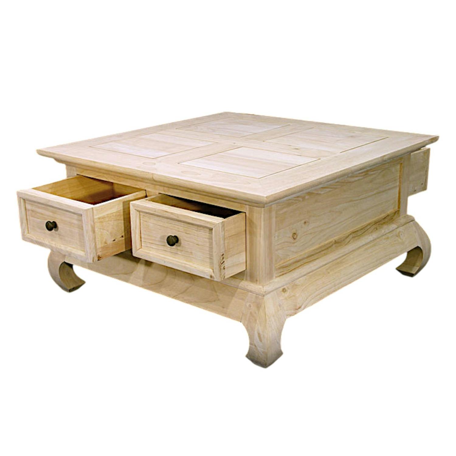 Table basse Opium Hévéa 4 tiroirs et pieds galbés 75x75x39,8cm MAORI