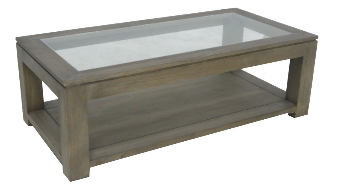 Table basse vitrée hévéa 2 plateaux 120X60cm HELENA