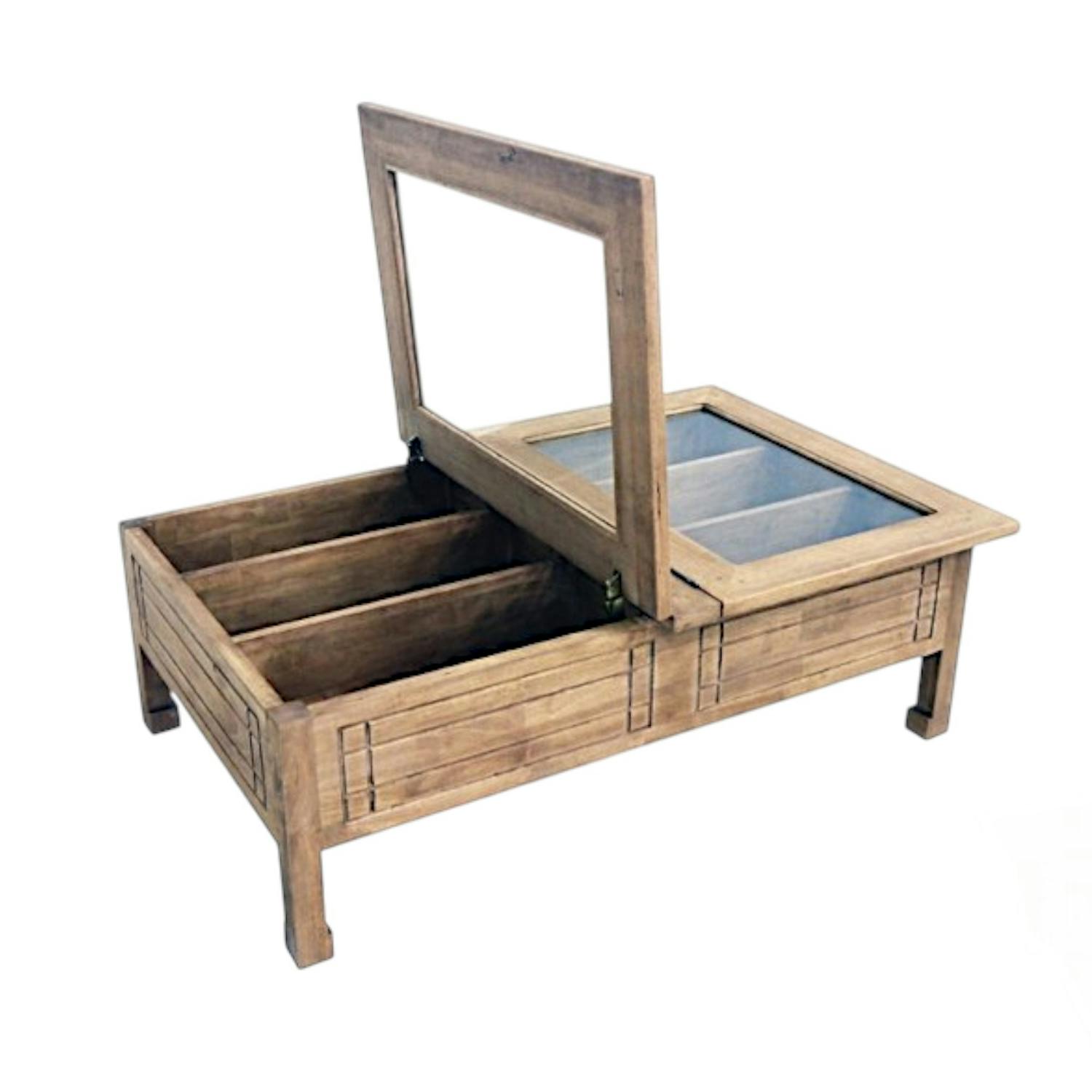 Table basse vitrée plateau ouvrant hévéa 125x80x40cm MAORI