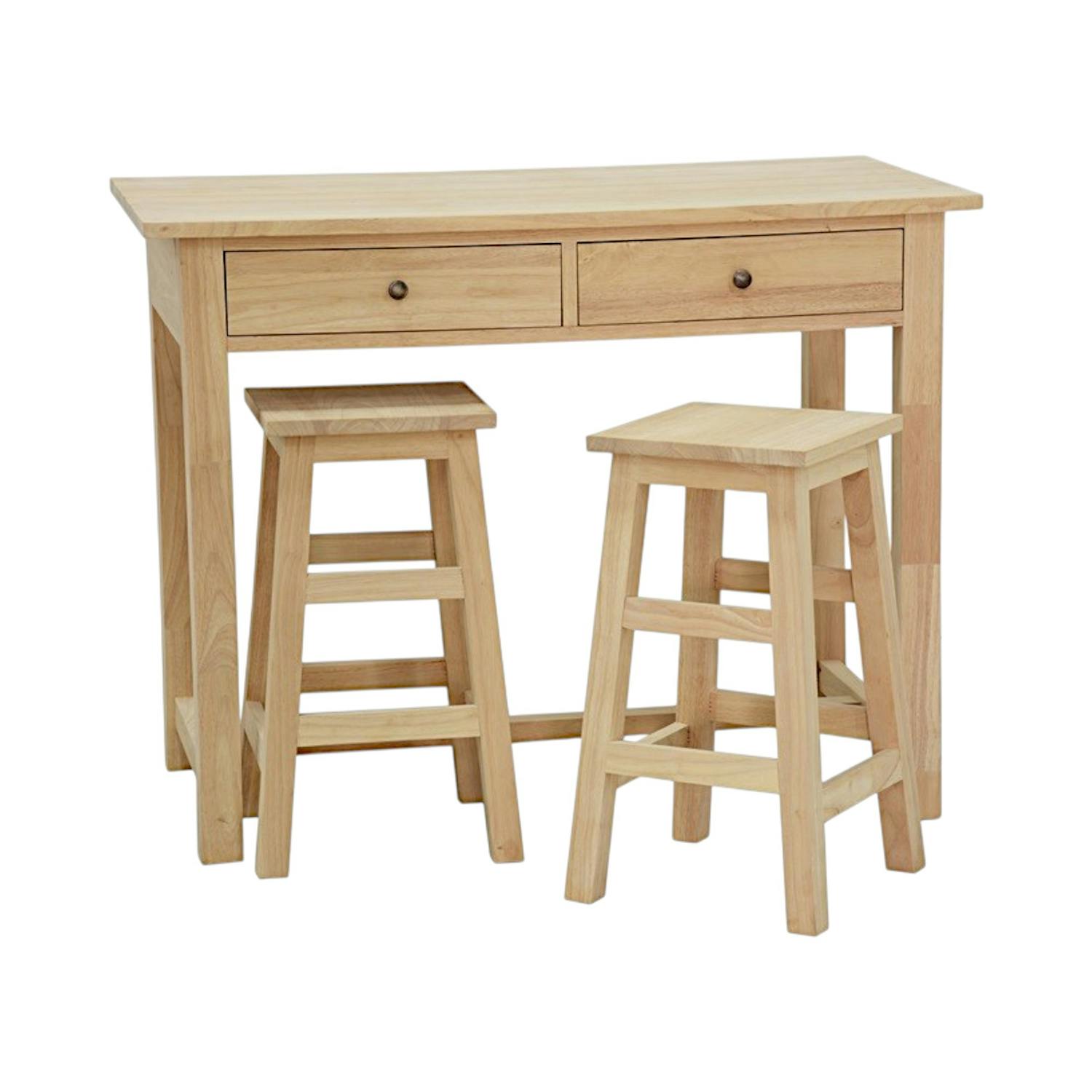 Table de Bar Hévéa 110x60x85cm avec 2 tiroirs + 2 Tabourets 40x40x60cm TRADITION