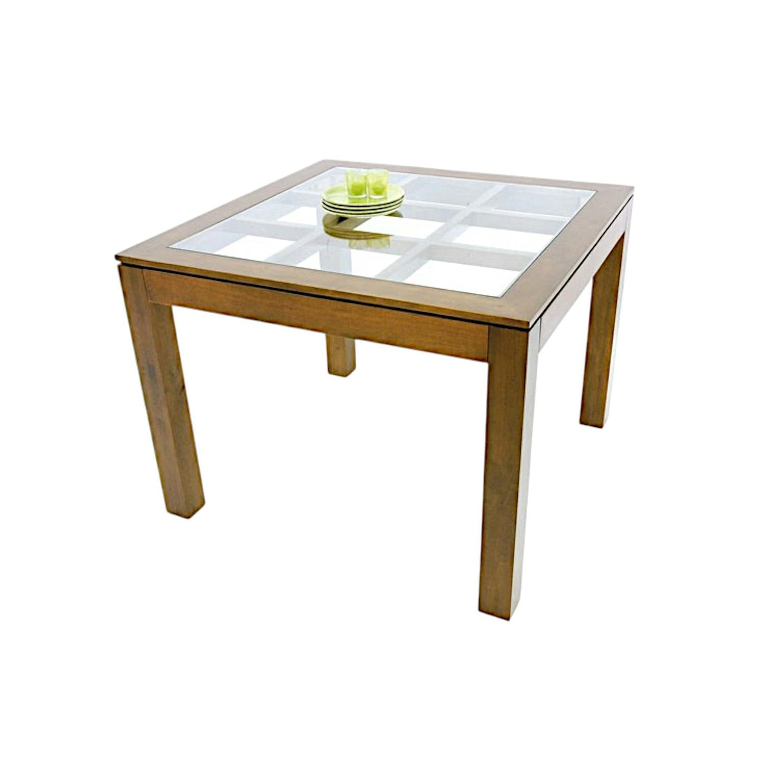 Table de repas carrée Hévéa avec plateau verre posé sur quadrillage bois 100x100x76cm HELENA