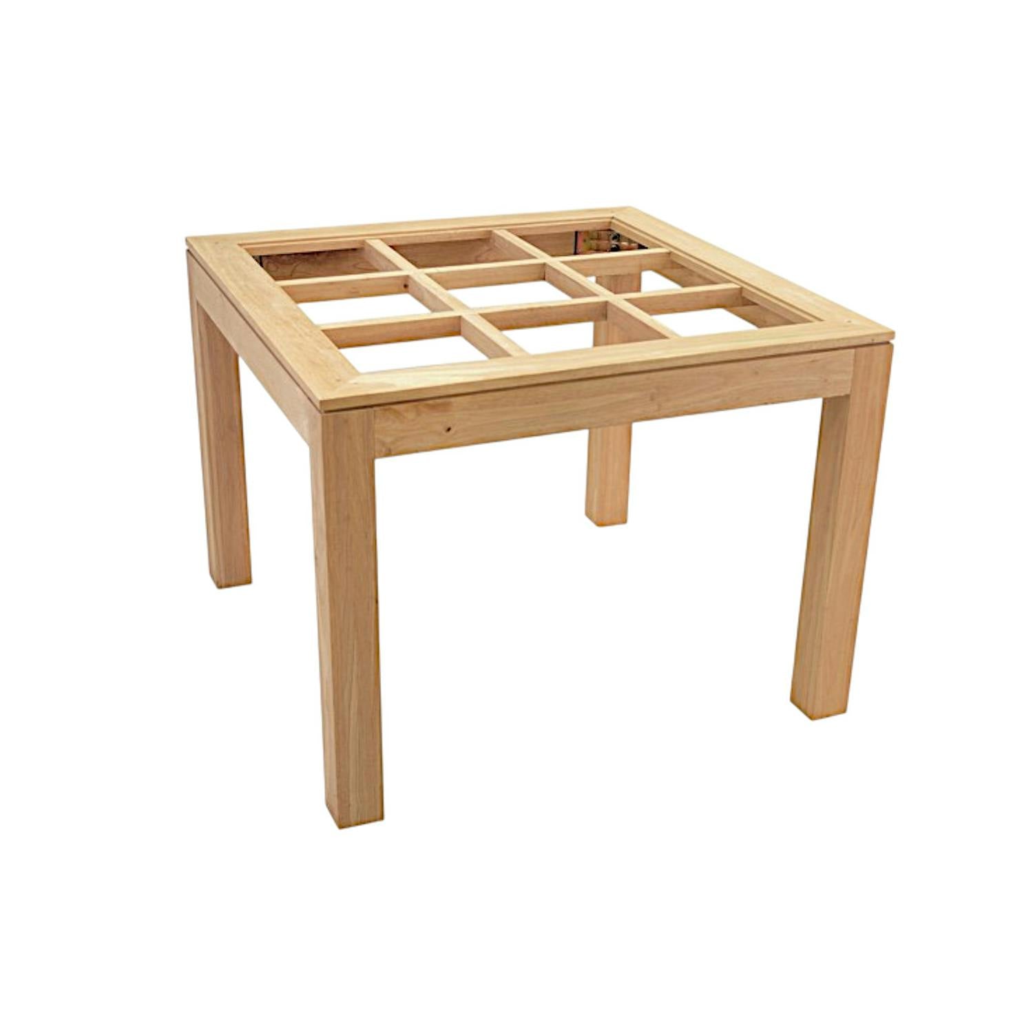 Table de repas carrée Hévéa avec plateau verre posé sur quadrillage bois 100x100x76cm HELENA