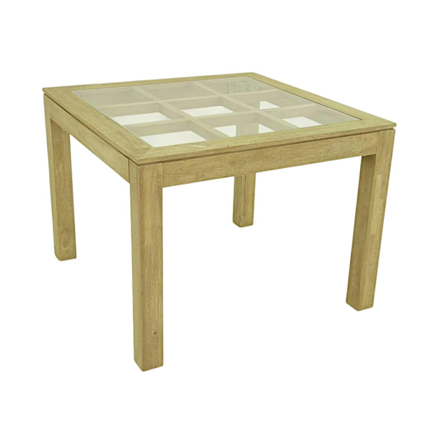 Table de repas carrée Hévéa avec plateau verre posé sur quadrillage bois 100x100x76cm HELENA
